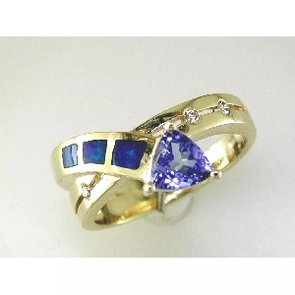 Enchanting 14K Yellow Gold Tanzanite & Opal Diamond Ring - Celestial Beauty