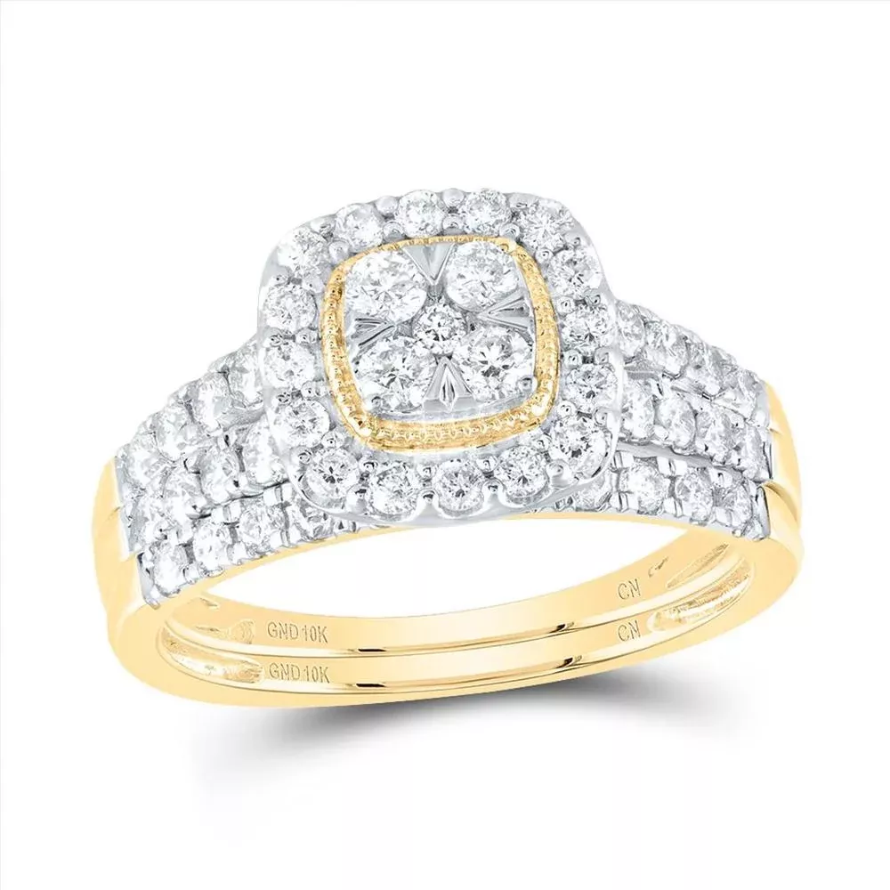 GND 10K Yellow Gold Round Diamond Square Cluster Bridal Wedding Ring Set - 1.00 Carat Total Diamond Weight