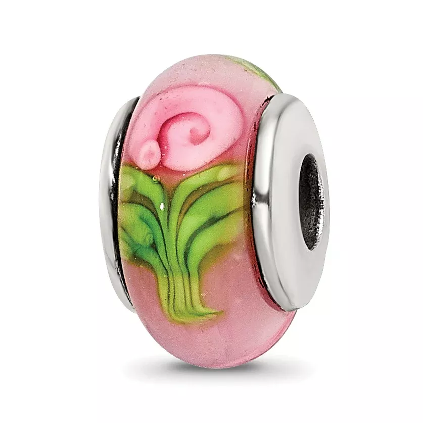 Kids Collection Sterling Silver Hand-blown Pink with Flower Pattern Glass Reflections Bead