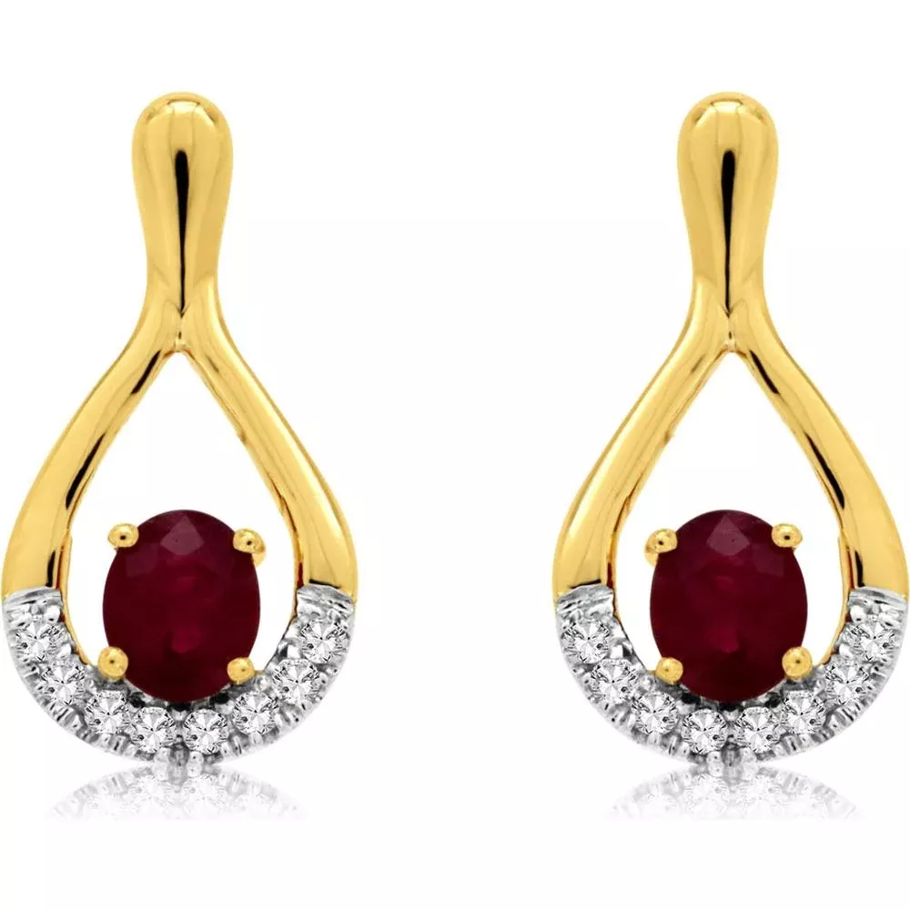 Luxurious 14K Yellow Gold Ruby & Diamond Oval Earrings
