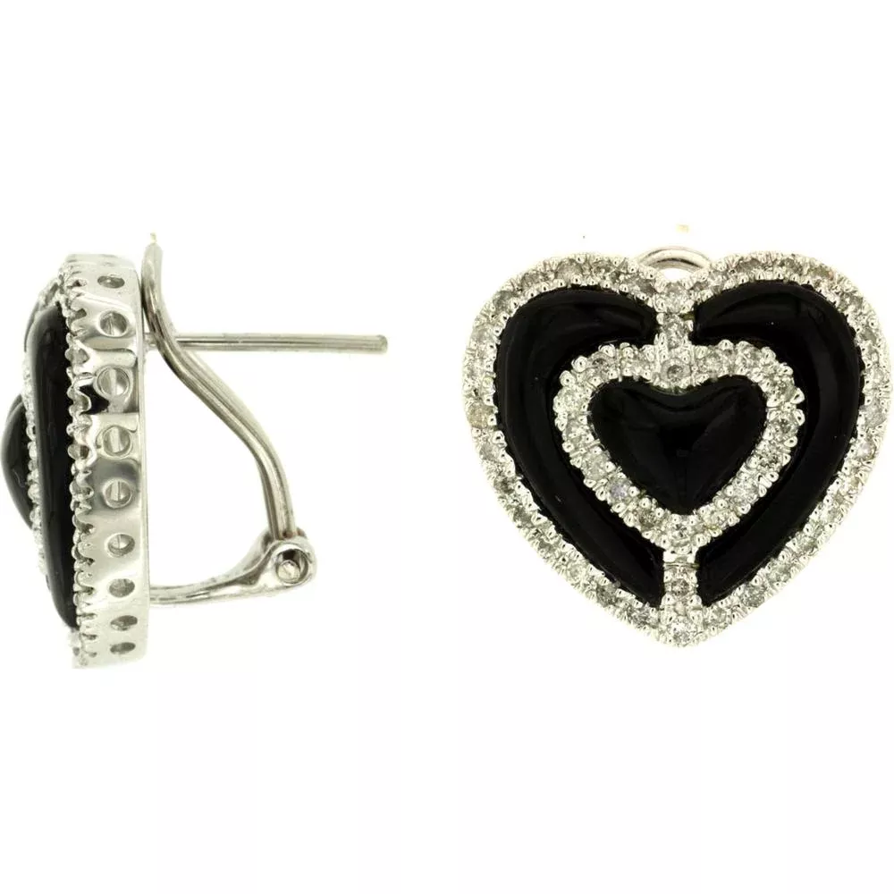 Radiant 14K White Gold Diamond & Black Onyx Heart Earrings
