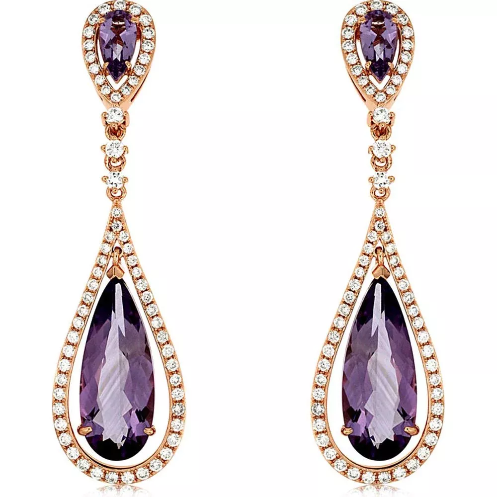 Royal 14K Rose Gold Amethyst & Diamond Earrings - 9.50 Carat Total Gem Weight