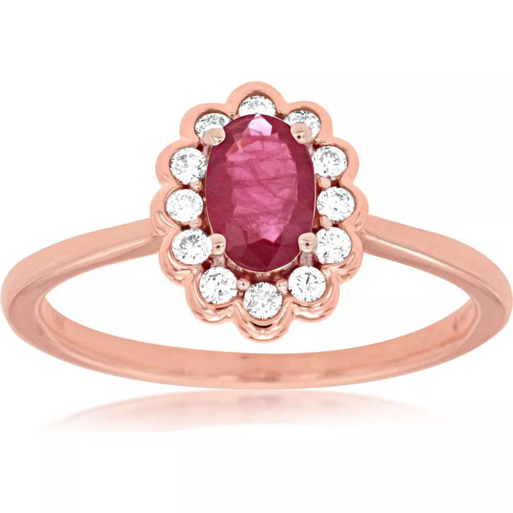 Royal 14K Rose Gold Oval Ruby & Diamond Ring - 0.55 Carat Ruby, 0.16 Carat Diamond