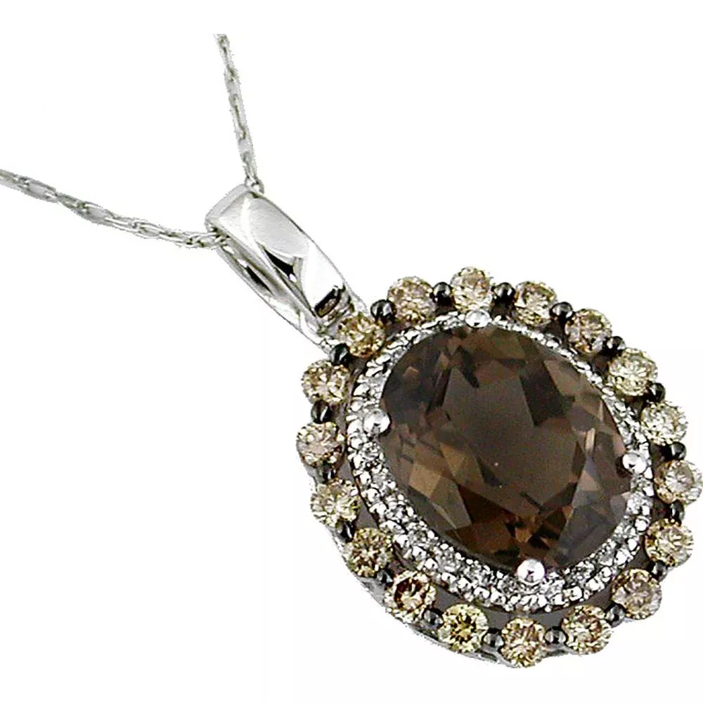 Royal 14K White Gold Diamond and Smoky Quartz Oval Pendant