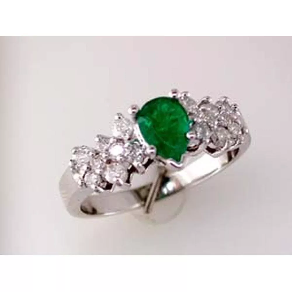 Royal 14K White Gold Emerald and Diamond Pear Ring - 1.25 Carat Total Gem Weight