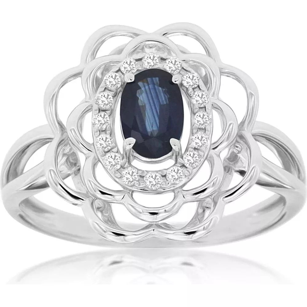 Royal 14K White Gold Oval Sapphire & Diamond Ring - 0.76 Carat Total Gem Weight