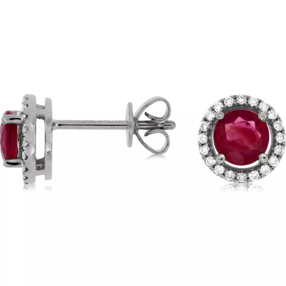 Royal 14K White Gold Ruby & Diamond Halo Stud Earrings - 1.09 Carat Total Gem Weight