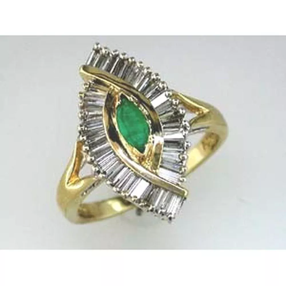 Royal 14K Yellow Gold Marquise Emerald & Diamond Ring - 0.65 Carat Emerald, 0.25 Carat Diamond Total Weight