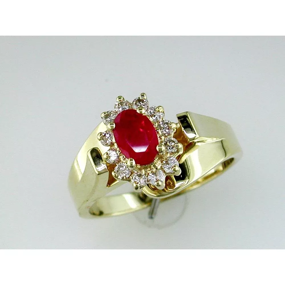 Royal 14K Yellow Gold Ruby and Diamond Halo Ring - 0.55 Carat Ruby, 0.26 Carat Diamonds