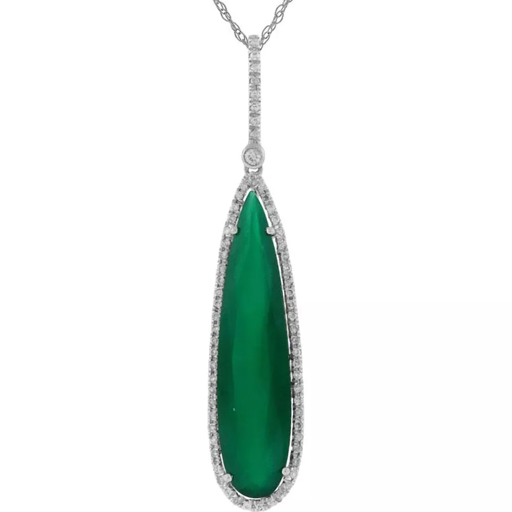 Royal Elegant 14K White Gold Diamond & Green Agate Pear Pendant
