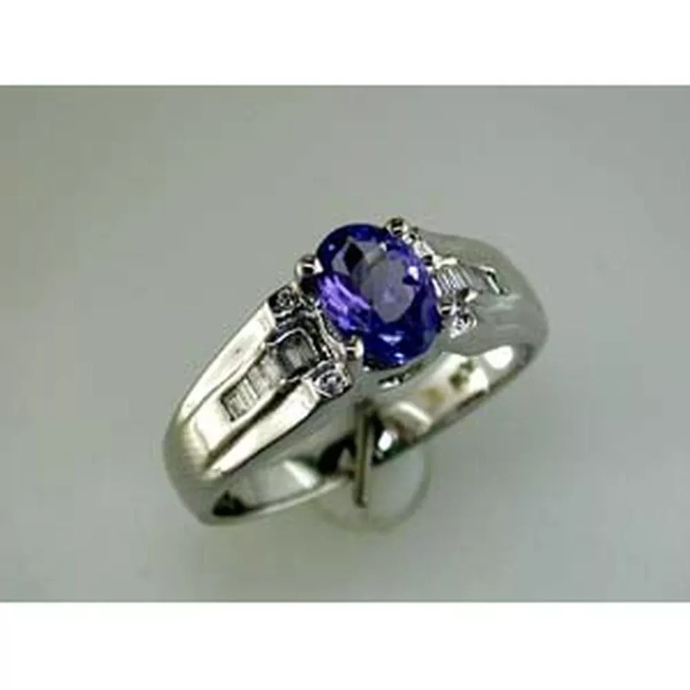 Royal Elegant 14K White Gold Tanzanite and Diamond Ring - 0.75 Carat Oval Tanzanite, 0.21 Carat Baguette Diamonds