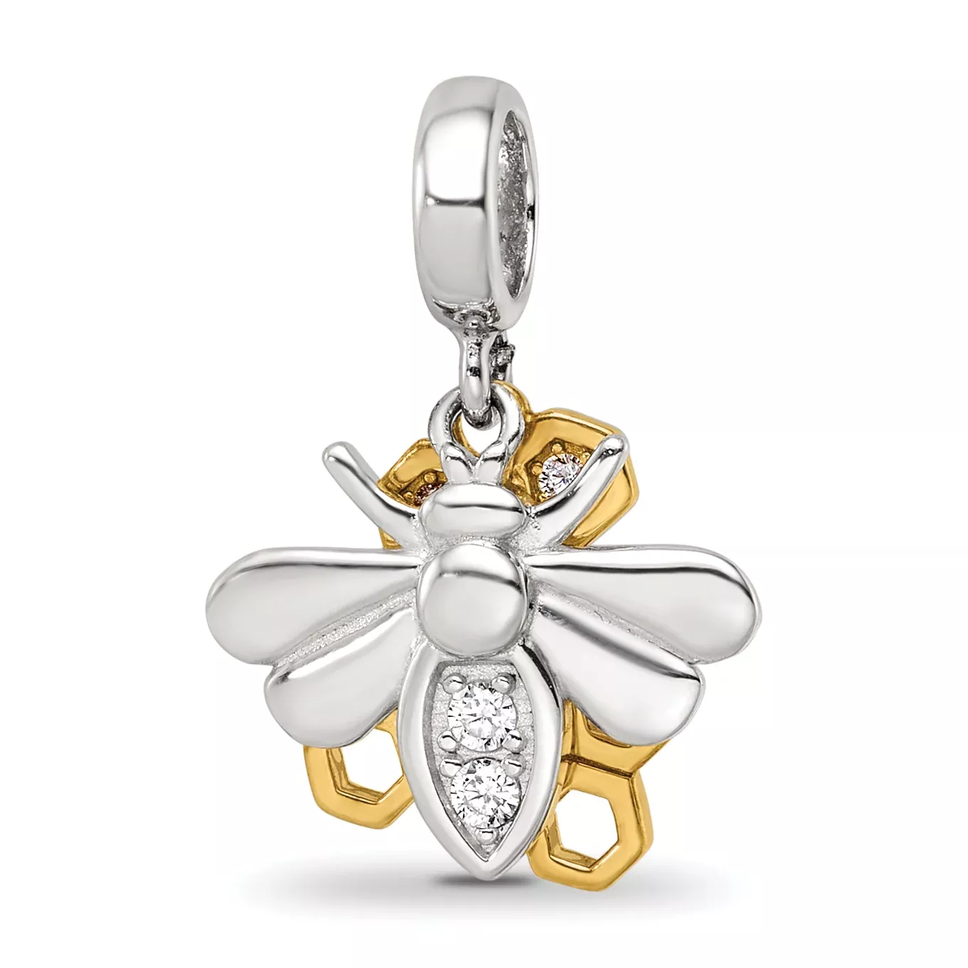 SS Reflections Rh-plated Goldplated CZ Honeycomb Bee 2-piece Dangle Bead