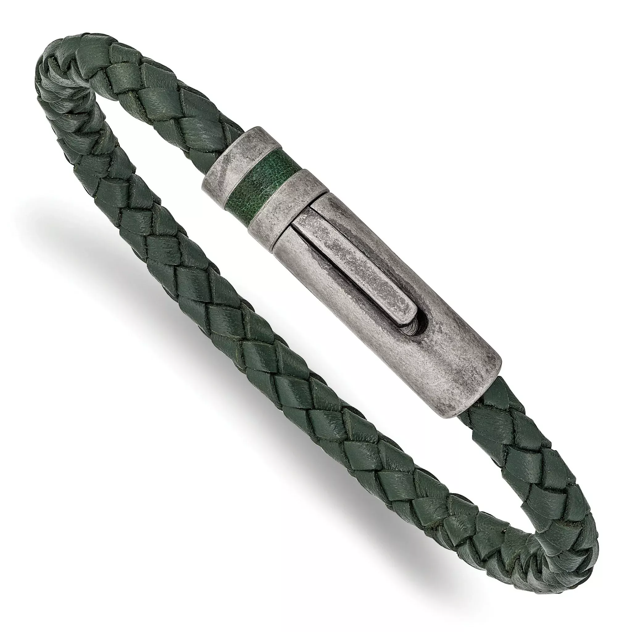 Stainless Steel Antiqued Green Braided Leather Bracelet for Men