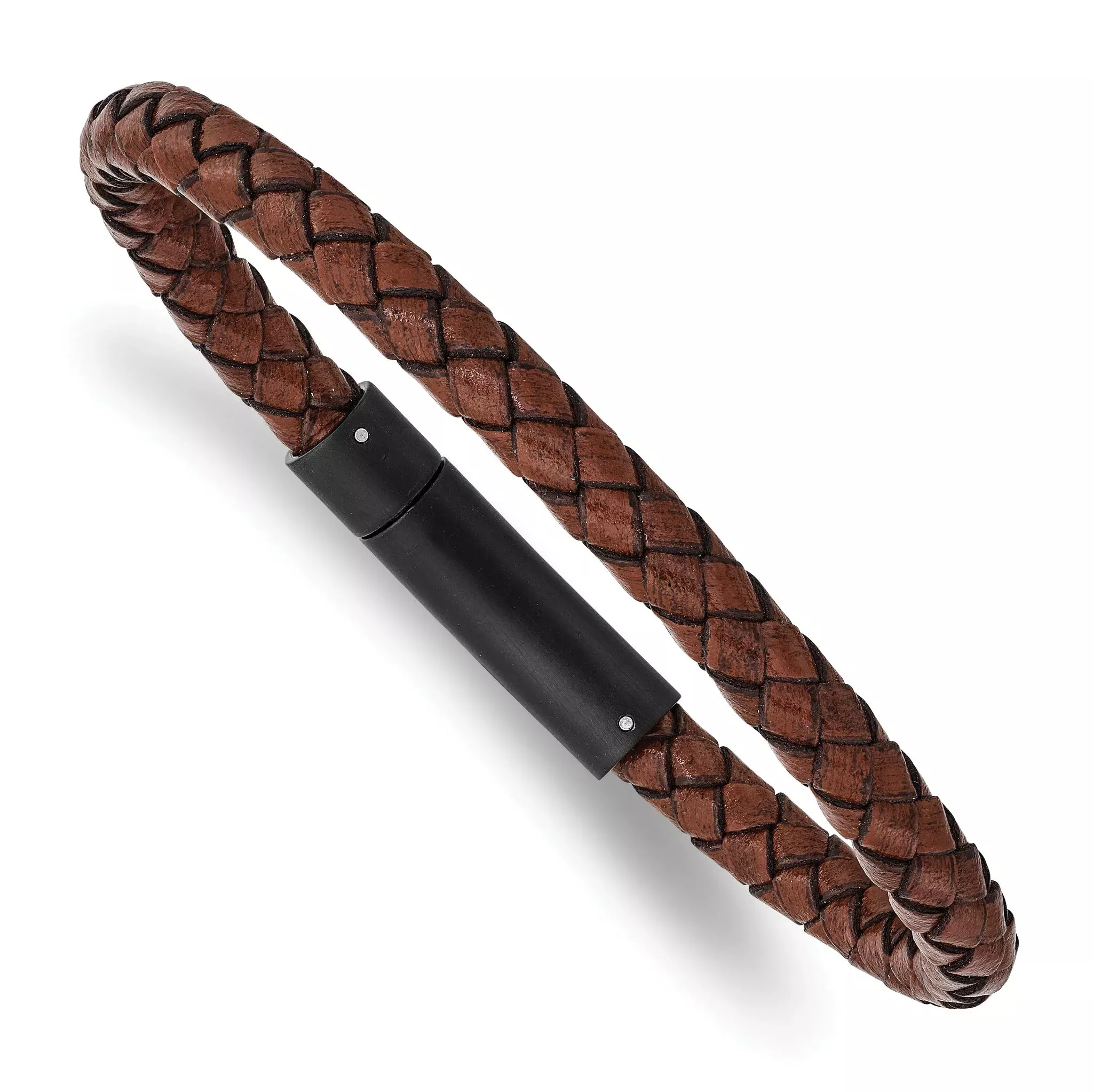 Stainless Steel Brushed Black IP-plated Brown Braided Leather Bracelet