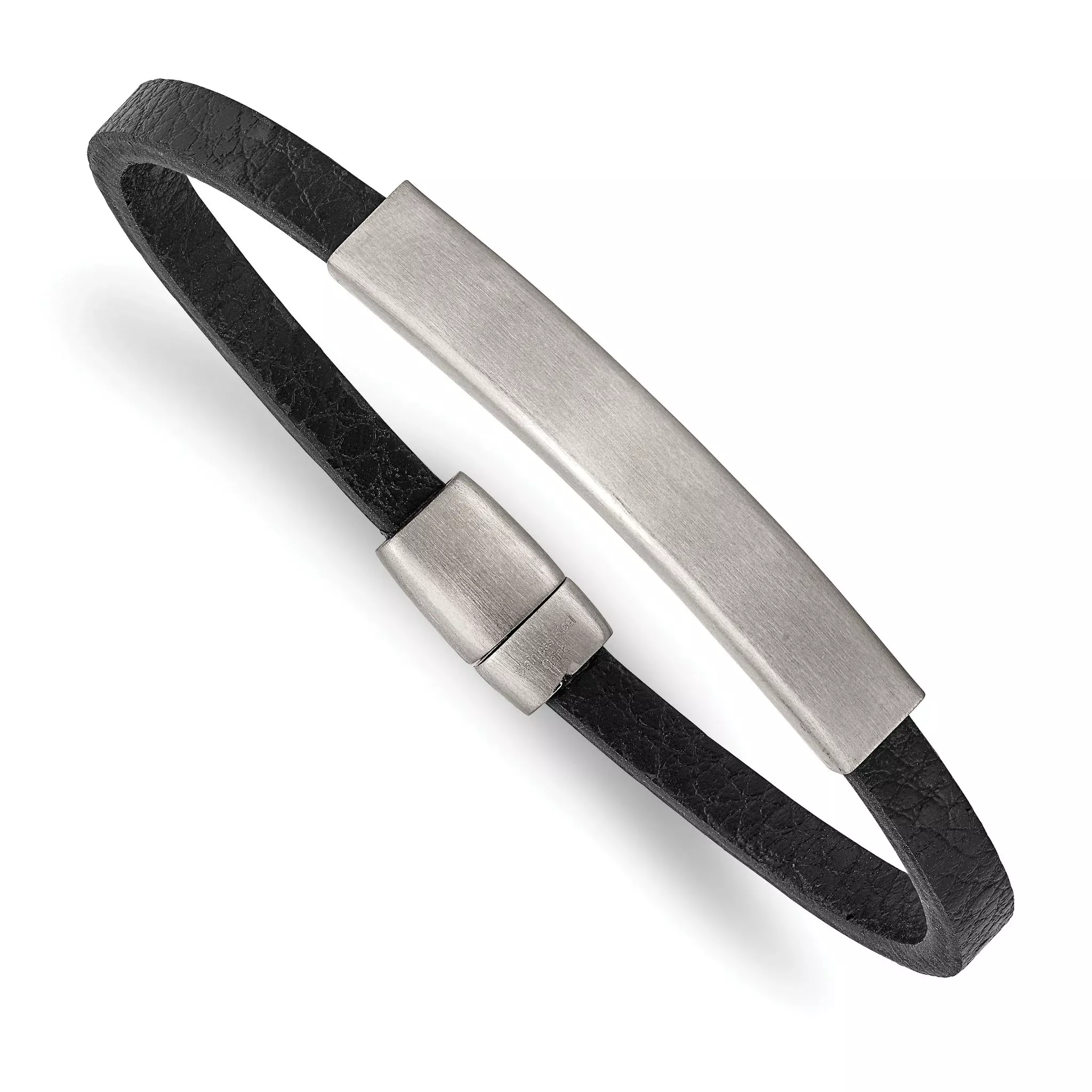 Stainless Steel Brushed Black PU Textured Leather ID Bracelet