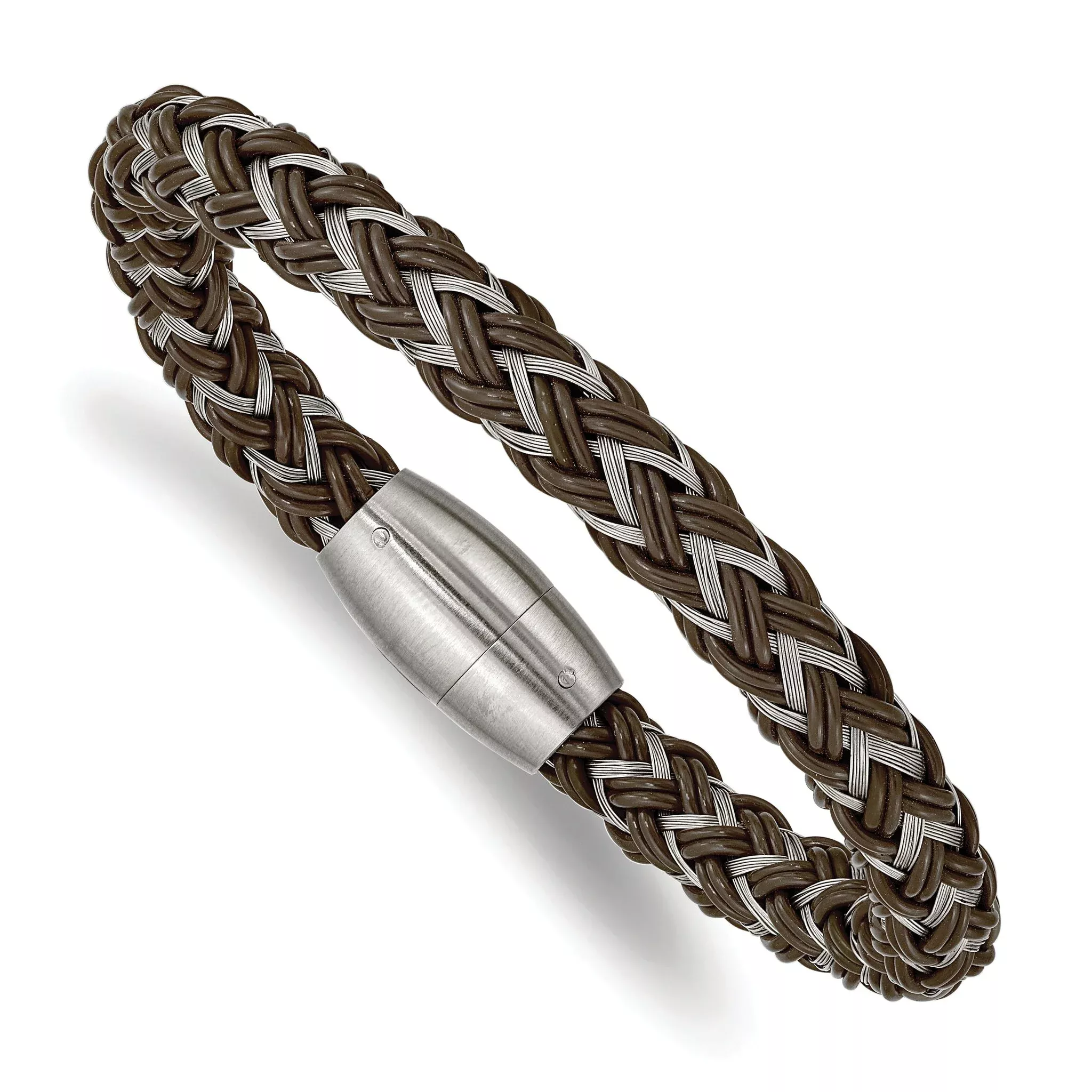Stainless Steel Brushed Braided Wire and Brown Rubber Bracelet for Men