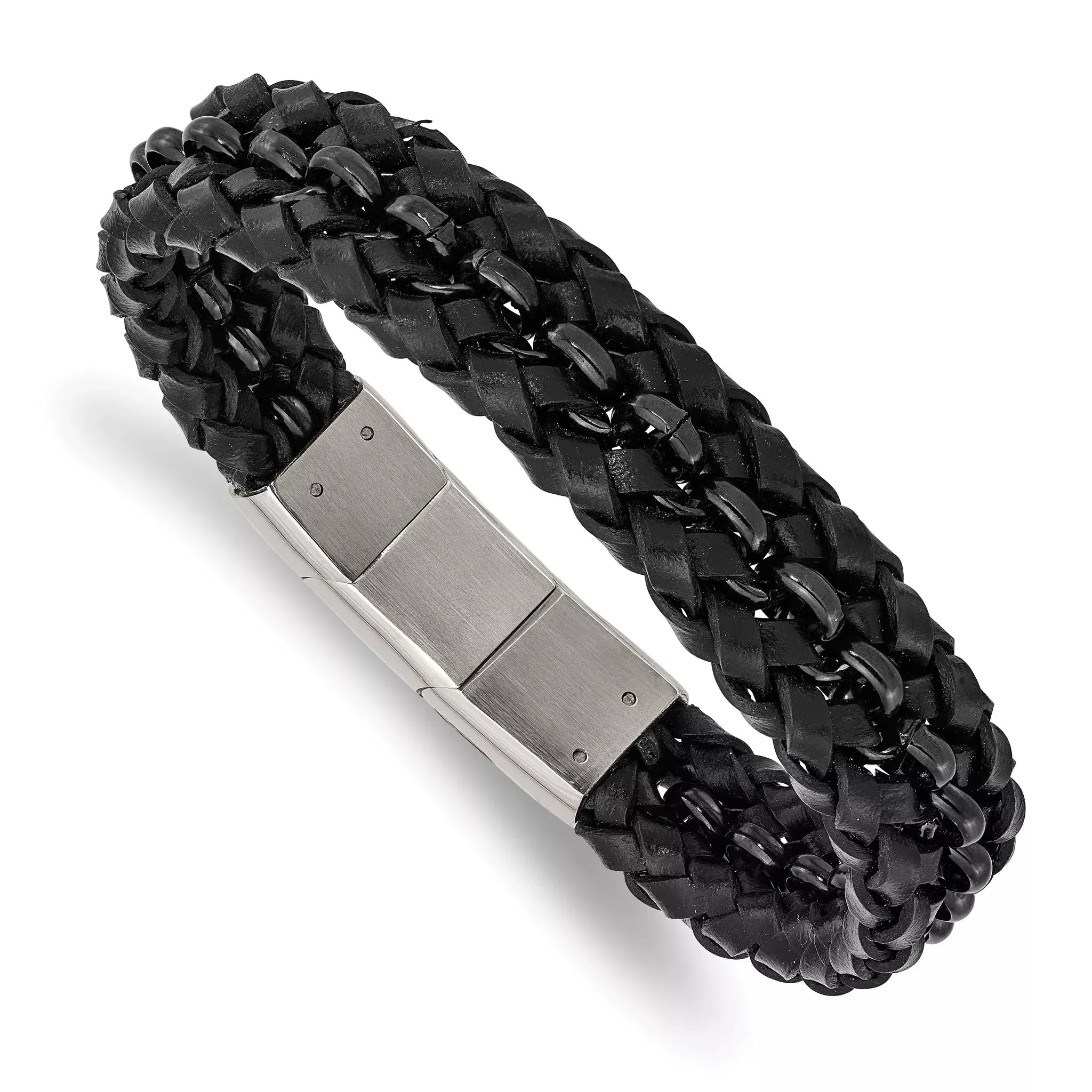Stainless Steel Polished Black IP-plated Black Braided Leather Bracelet with . Extension