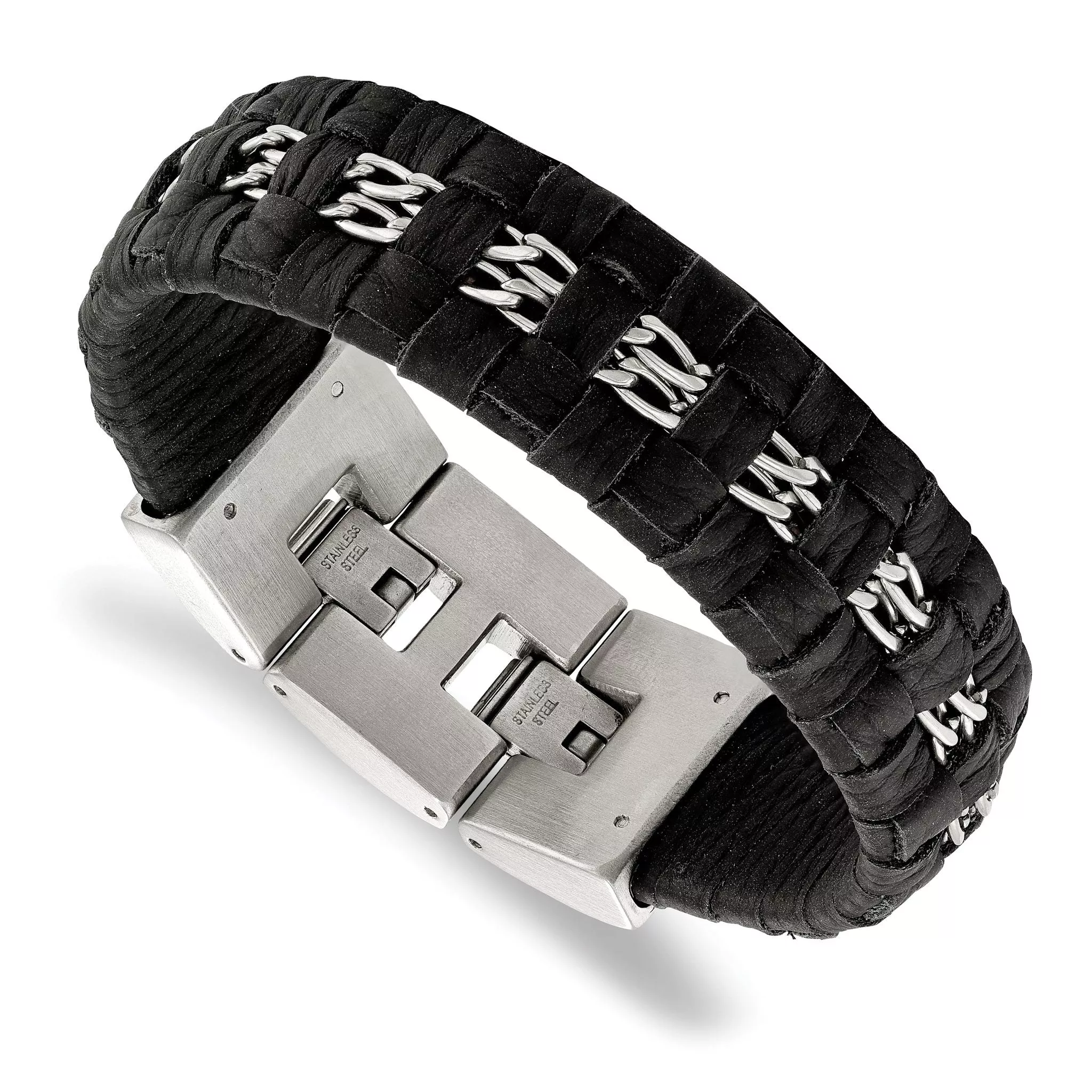 Stainless Steel Polished Black Woven Leather with . ext Bracelet for Men