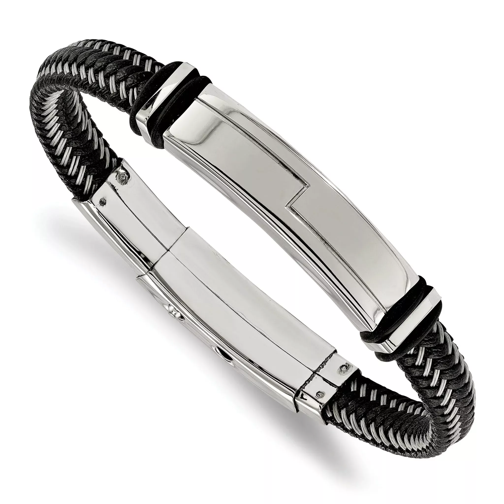 Stainless Steel Polished Braided Wire and Black Leather with Rubber Adjustable 8.25 to ID Bracelet for Men