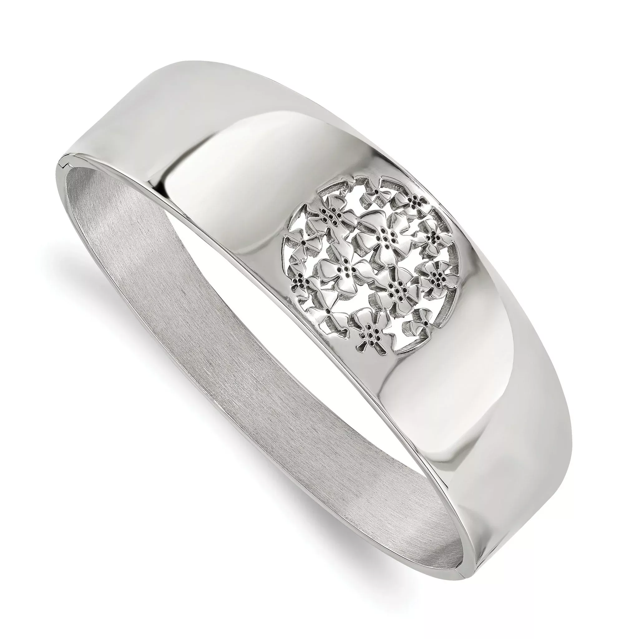 Stainless Steel Polished Circle Flower Cut-out Hinged Bangle Bracelet for Women