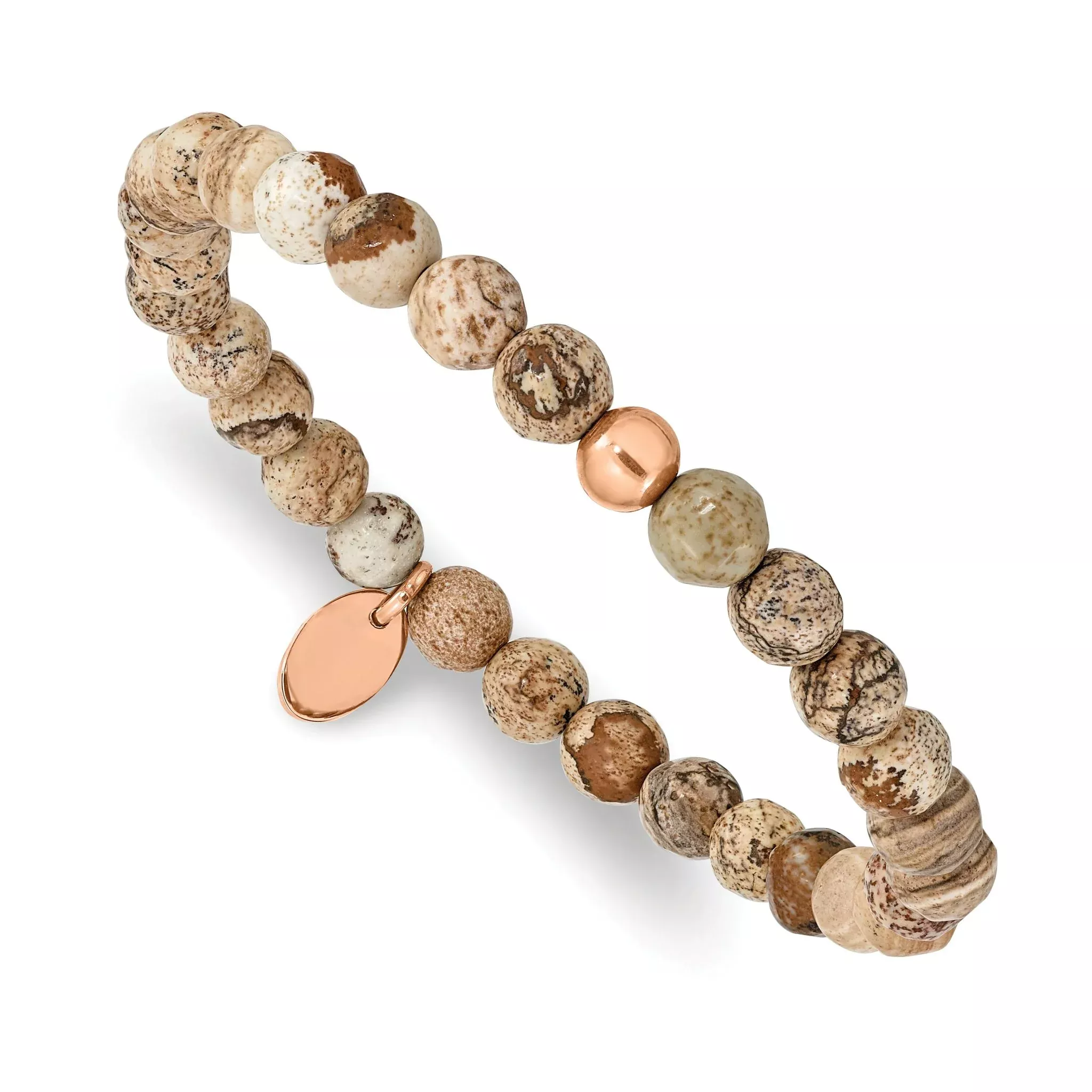 Stainless Steel Polished Rose IP-plated 6mm Brown Jasper Beaded Stretch Bracelet for Women