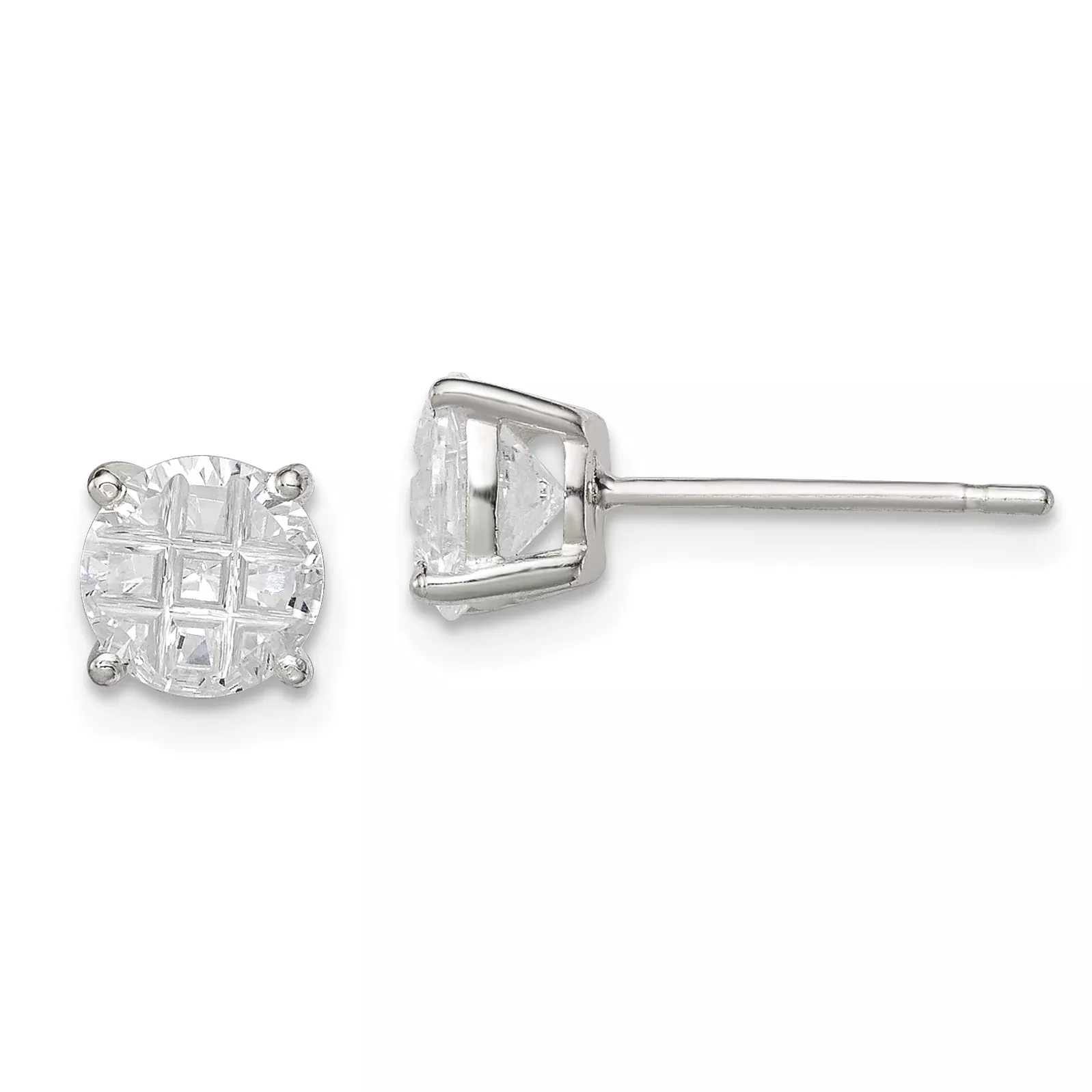 Sterling Silver 6mm Round Basket Set Laser-cut CZ Stud Earrings