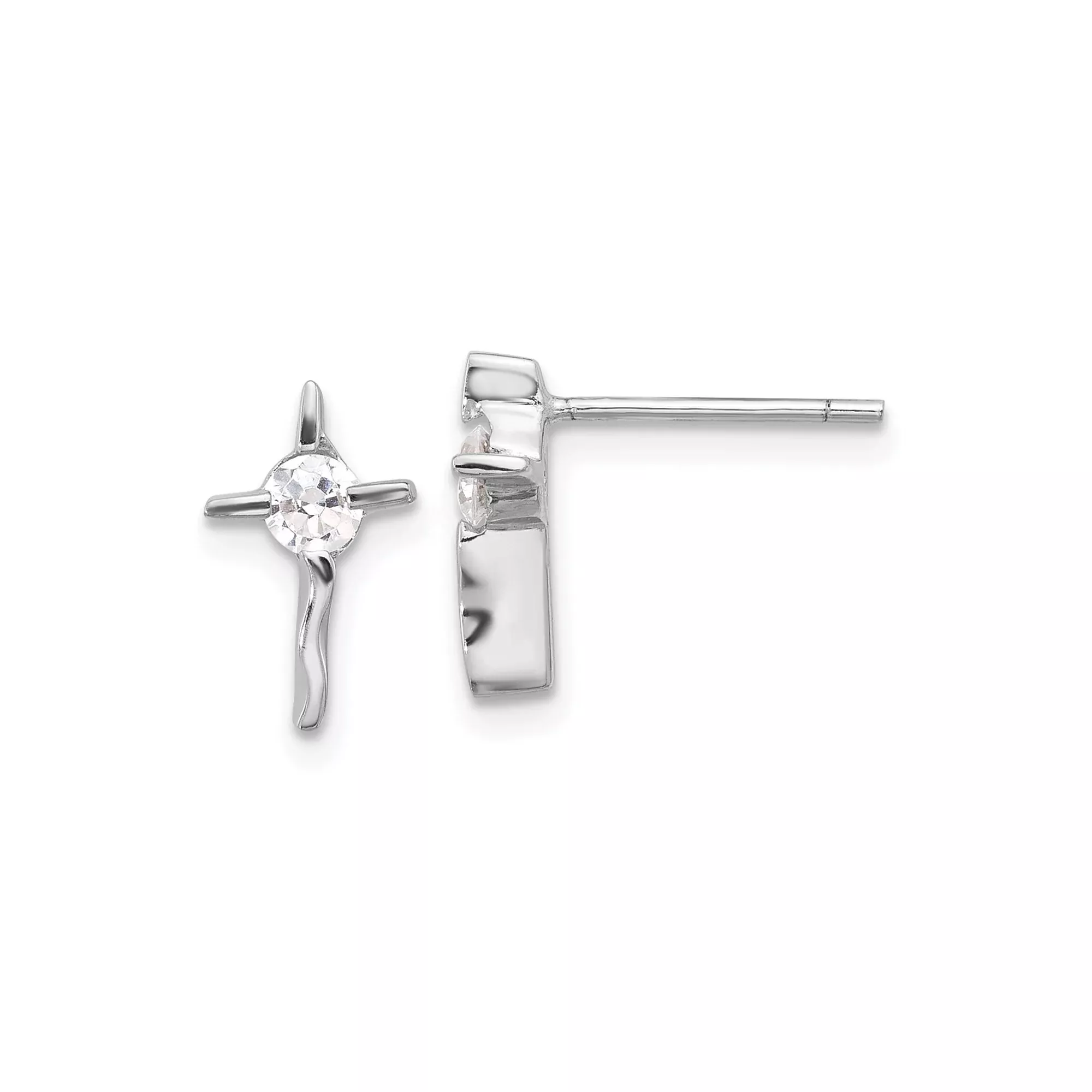 Sterling Silver Cross Earrings with Cubic Zirconia, Wave Design, Unisex Studs