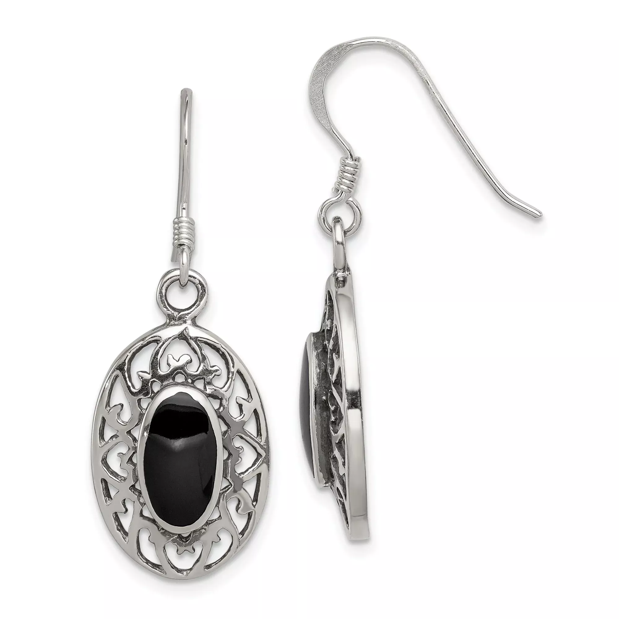 Sterling Silver Dangle Earrings with Black Onyx, Filigree Openwork Gothic Style