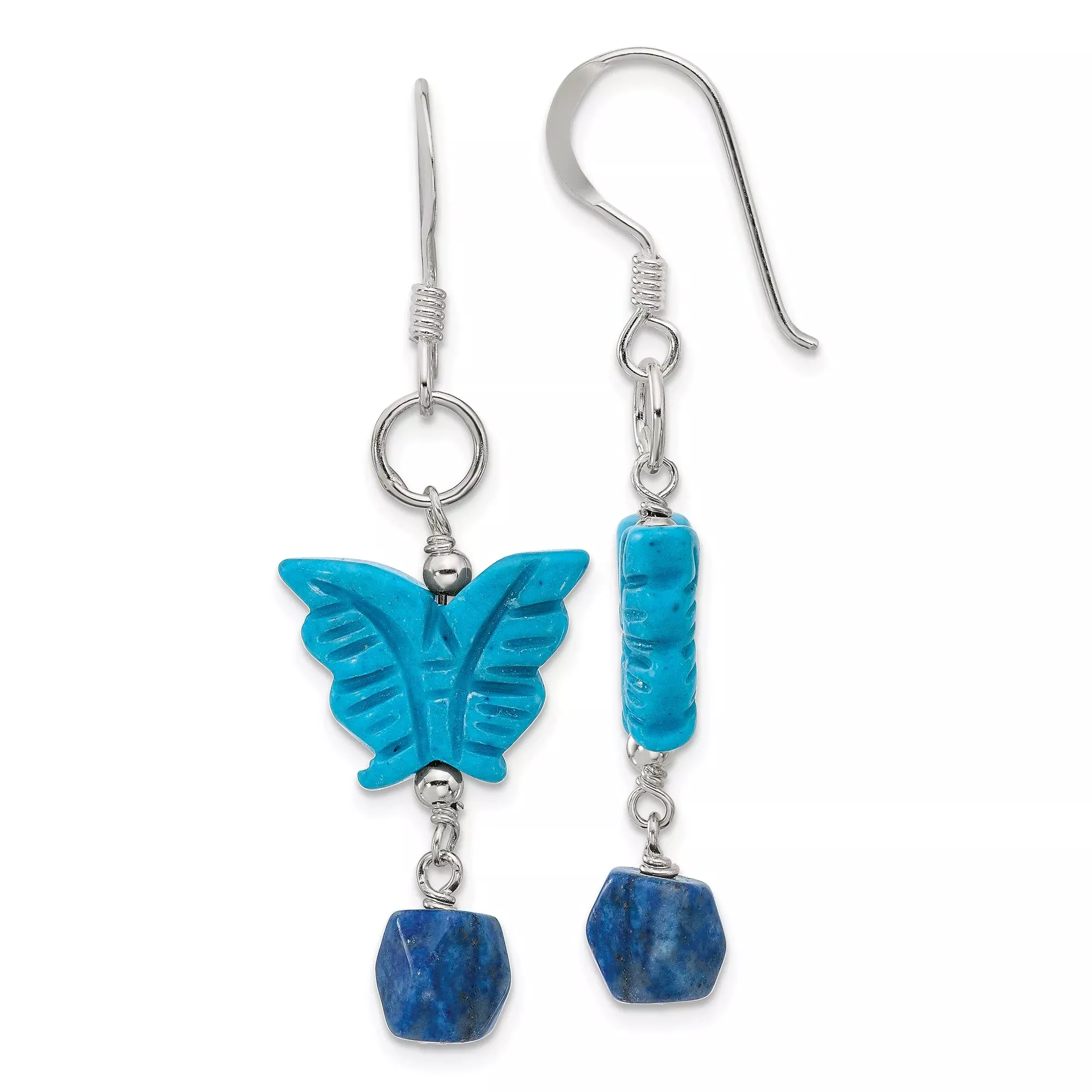Sterling Silver Dangle Earrings with Howlite and Lapis, Butterfly Charm, Boho Asymmetrical Design