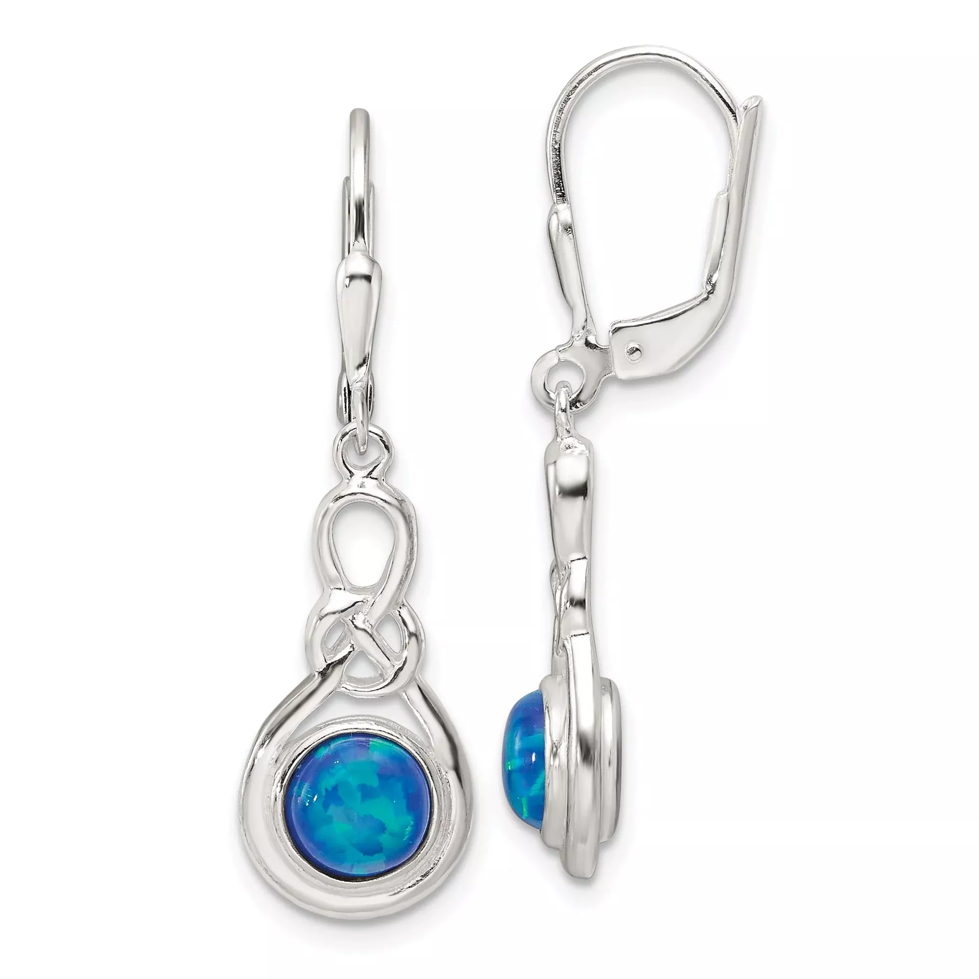 Sterling Silver Dangle Earrings with Simulated Blue Opal, Celtic Knot Design