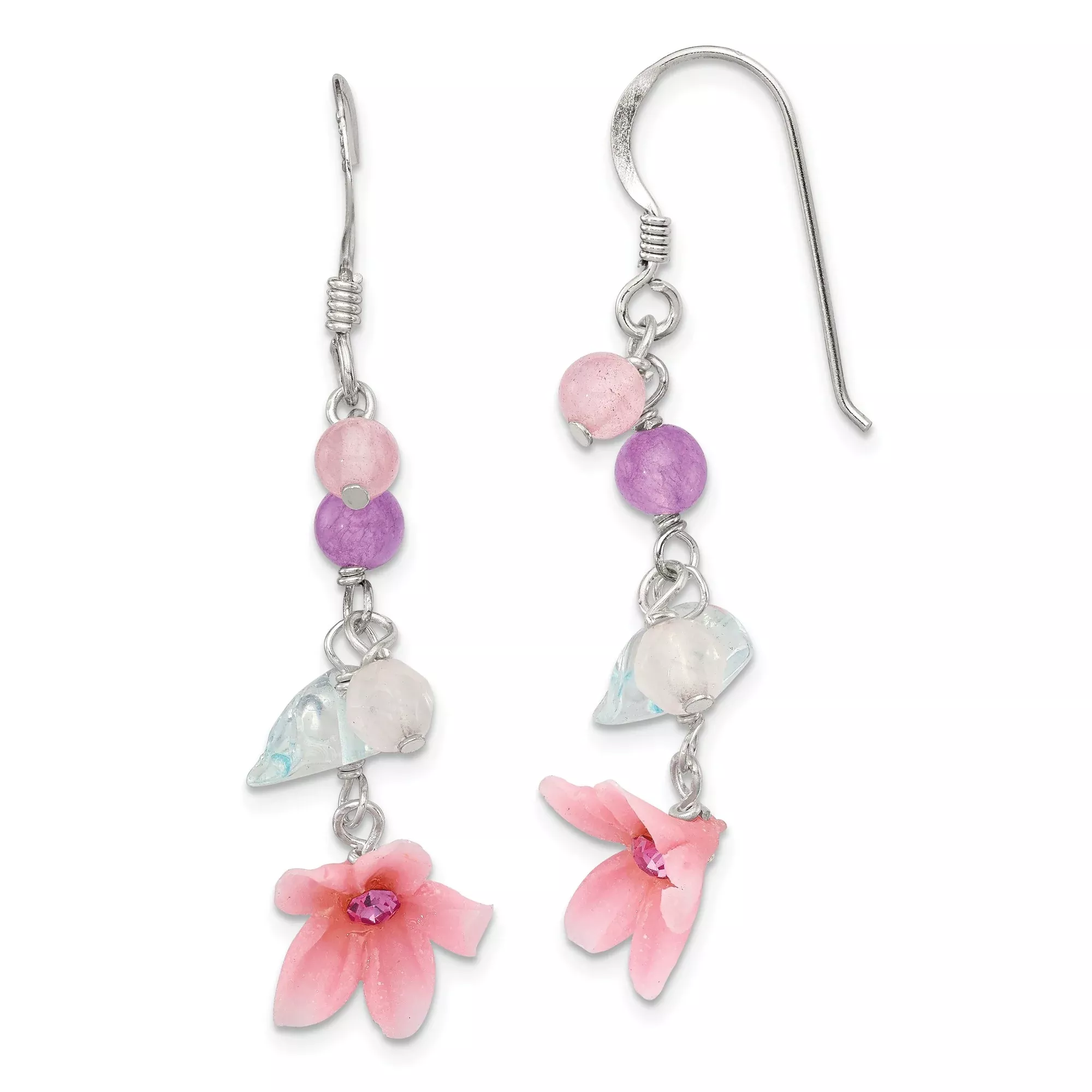 Sterling Silver Dangle Earrings with Swiss Blue Topaz and Amethyst, Floral Boho Garden Style