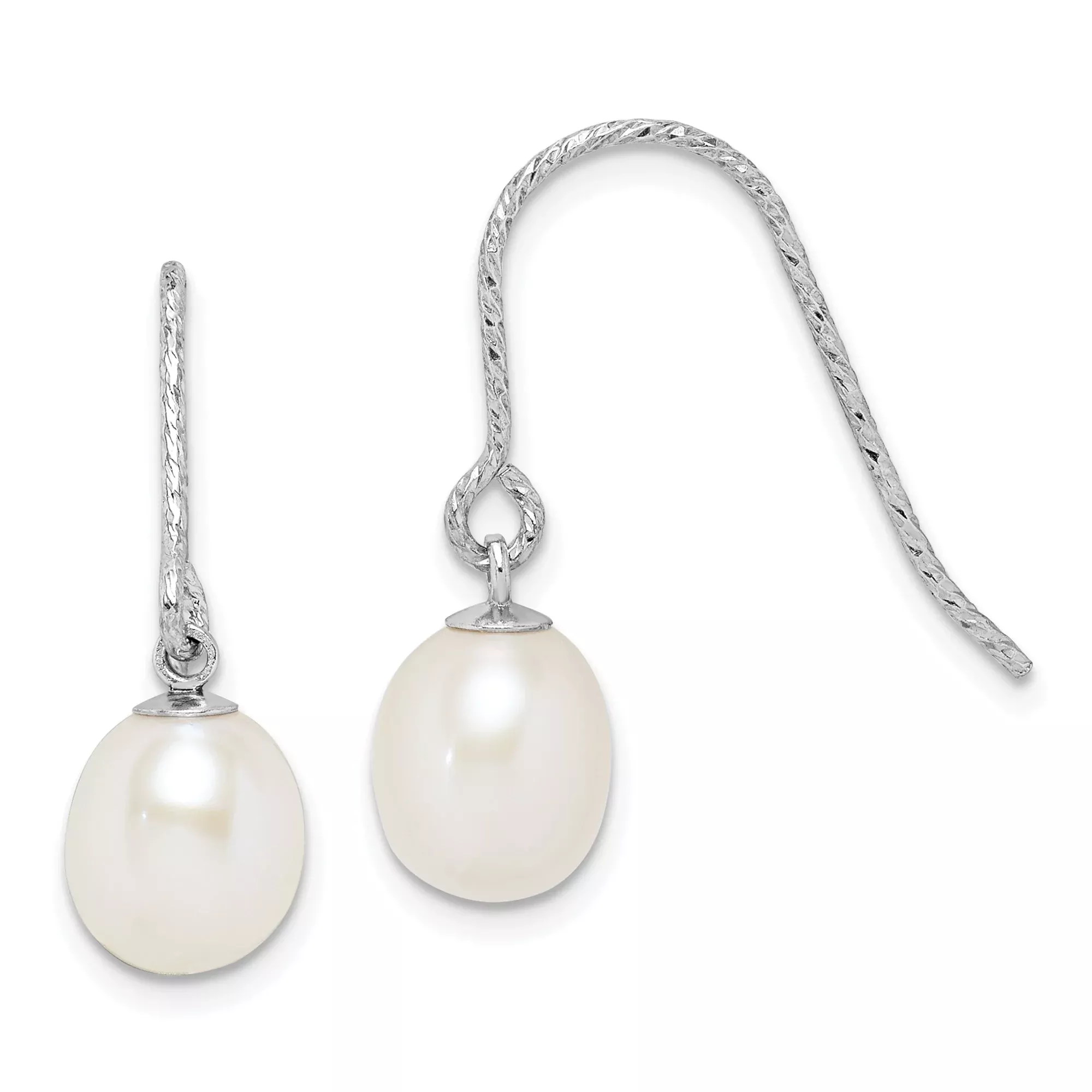 Sterling Silver Dangle Earrings with White Freshwater Cultured Pearls, Textured Hook Design