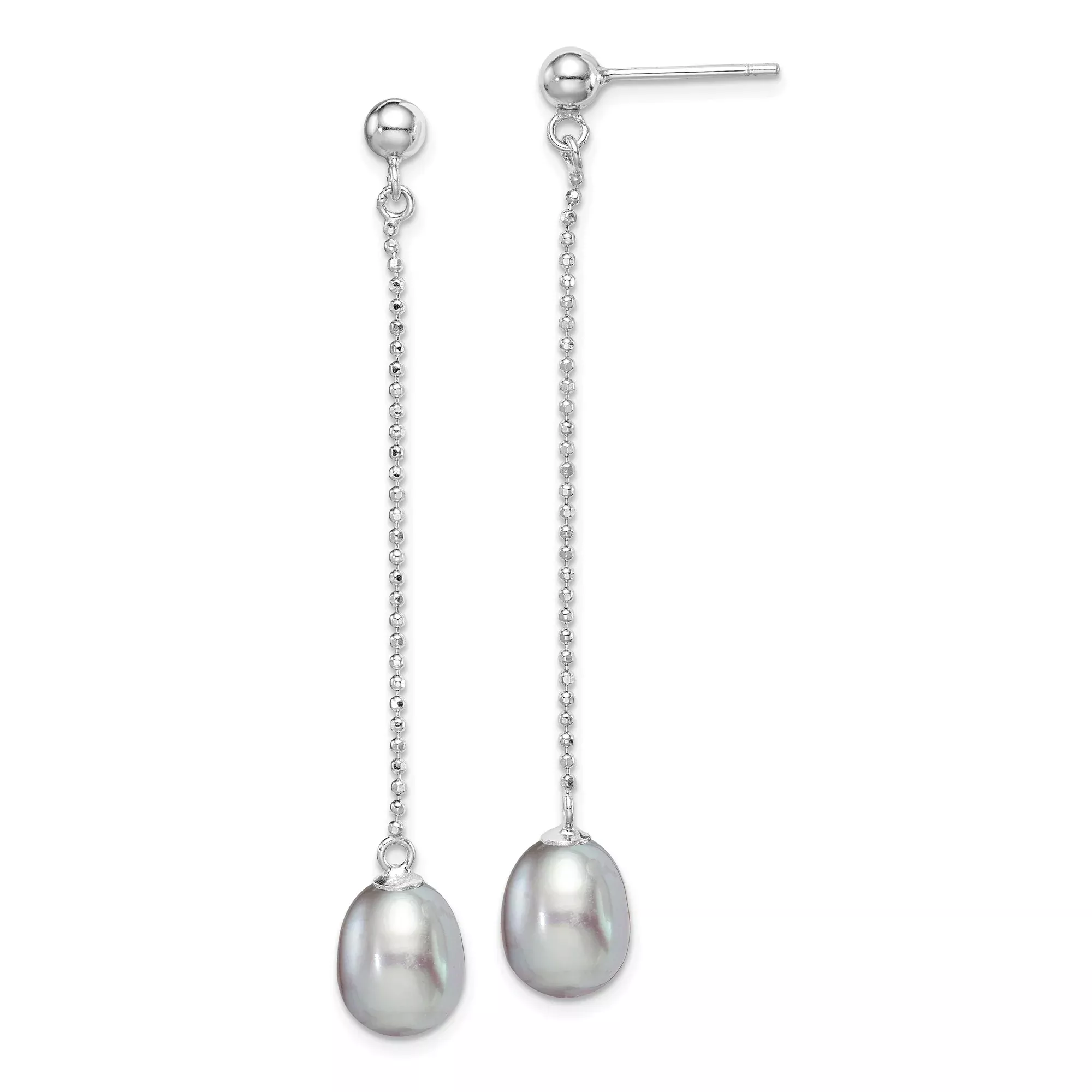 Sterling Silver Dangle Earrings with White Freshwater Pearls, Long Linear Minimalist Design
