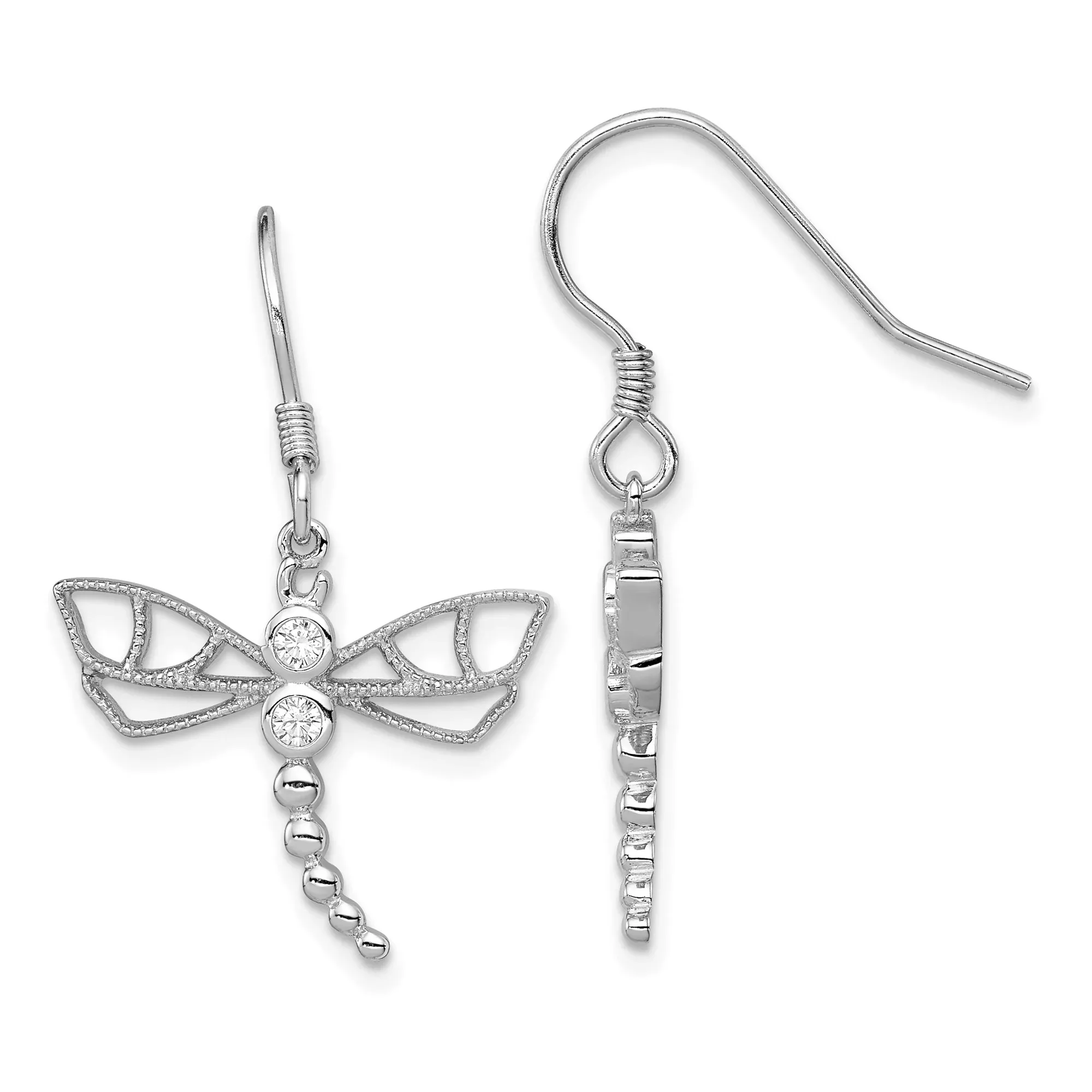 Sterling Silver Dragonfly Dangle Earrings with Cubic Zirconia and Openwork Wings