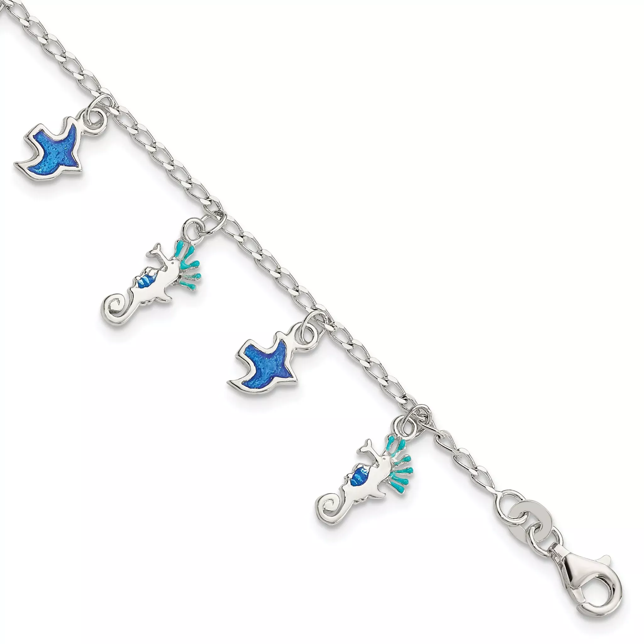 Sterling Silver Enameled Seahorse & Birds With1in ext. Children's Bracelet