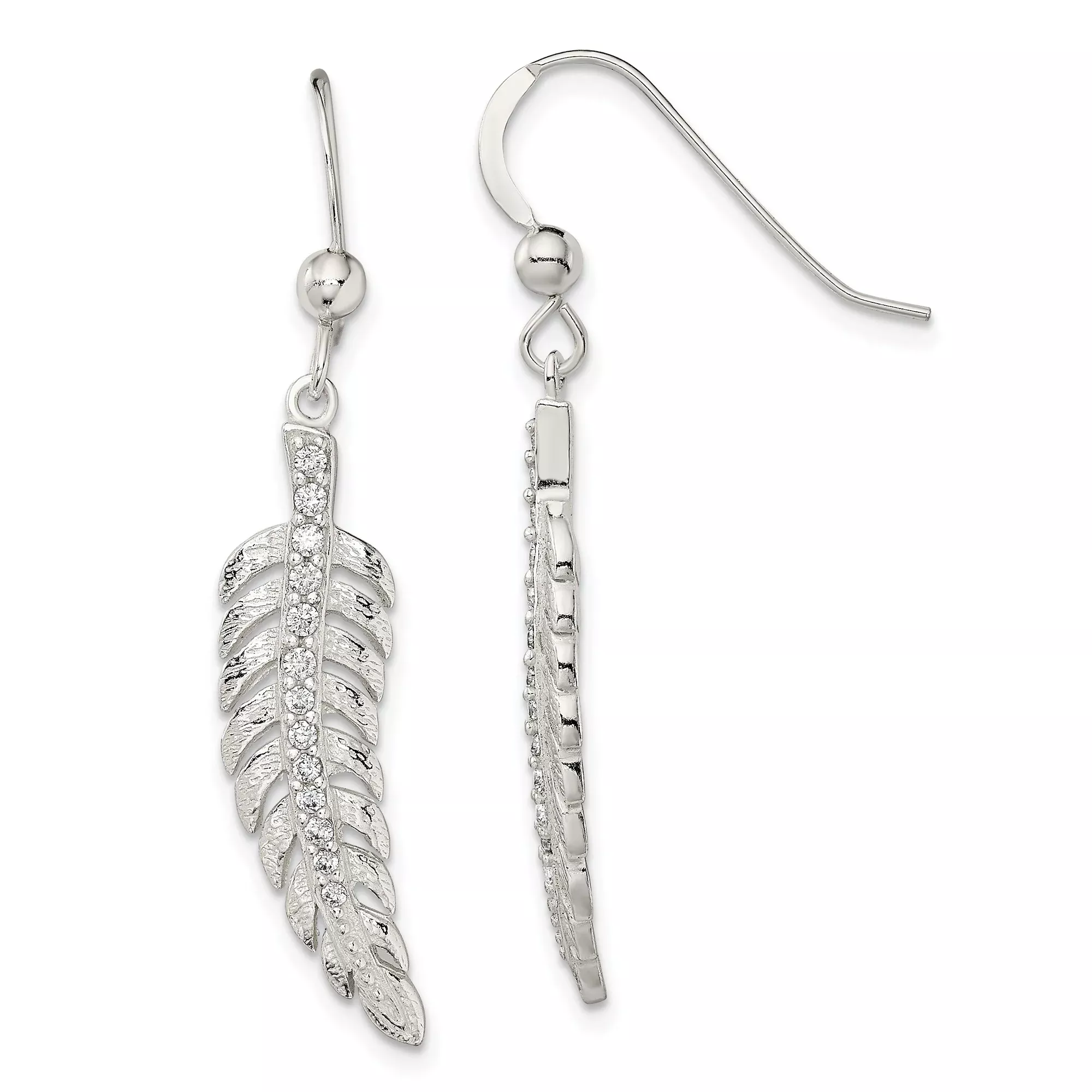 Sterling Silver Feather Dangle Earrings with Cubic Zirconia, Boho Spiritual Design for Women