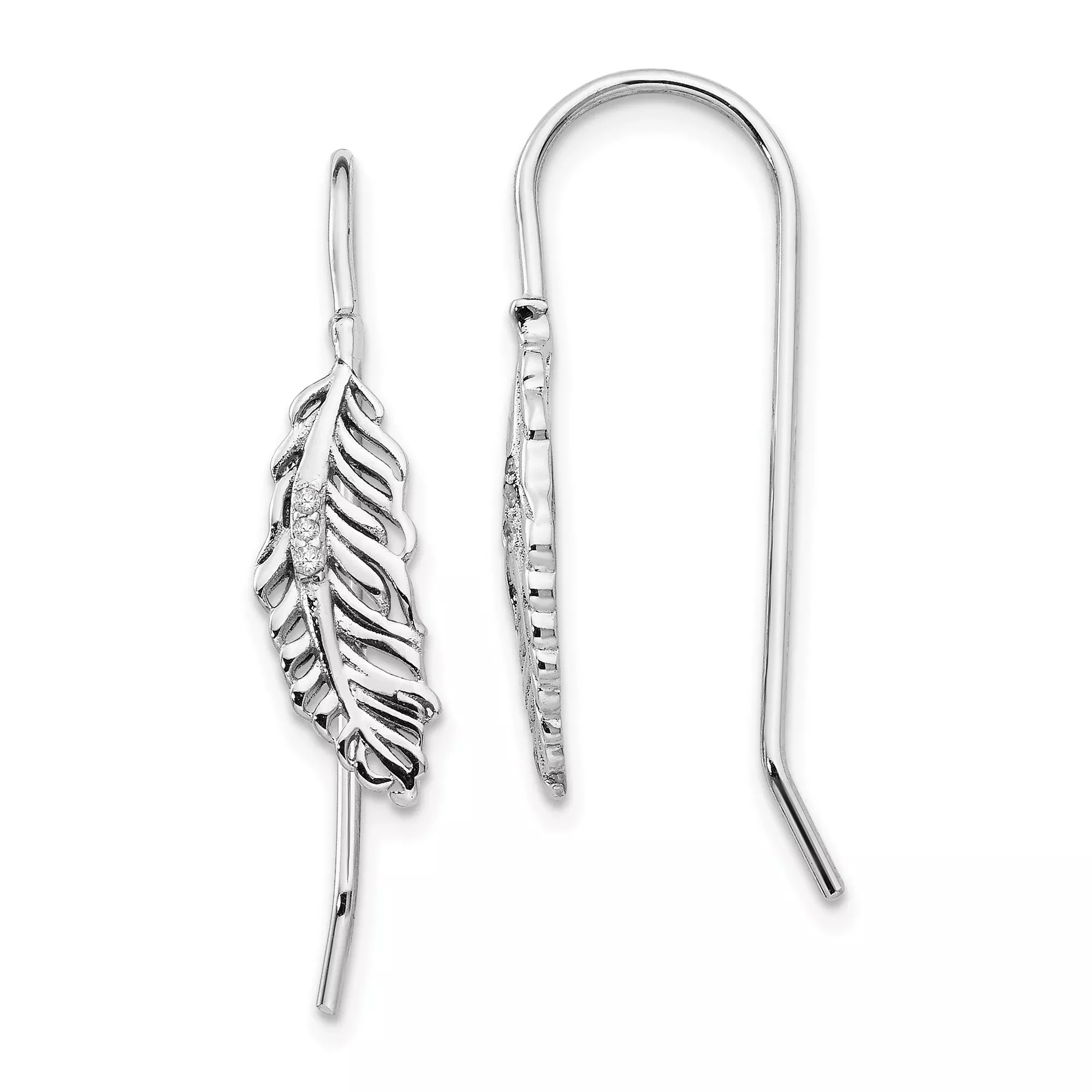 Sterling Silver Feather Threader Earrings with Diamond Accents, Boho Minimalist Style for Women