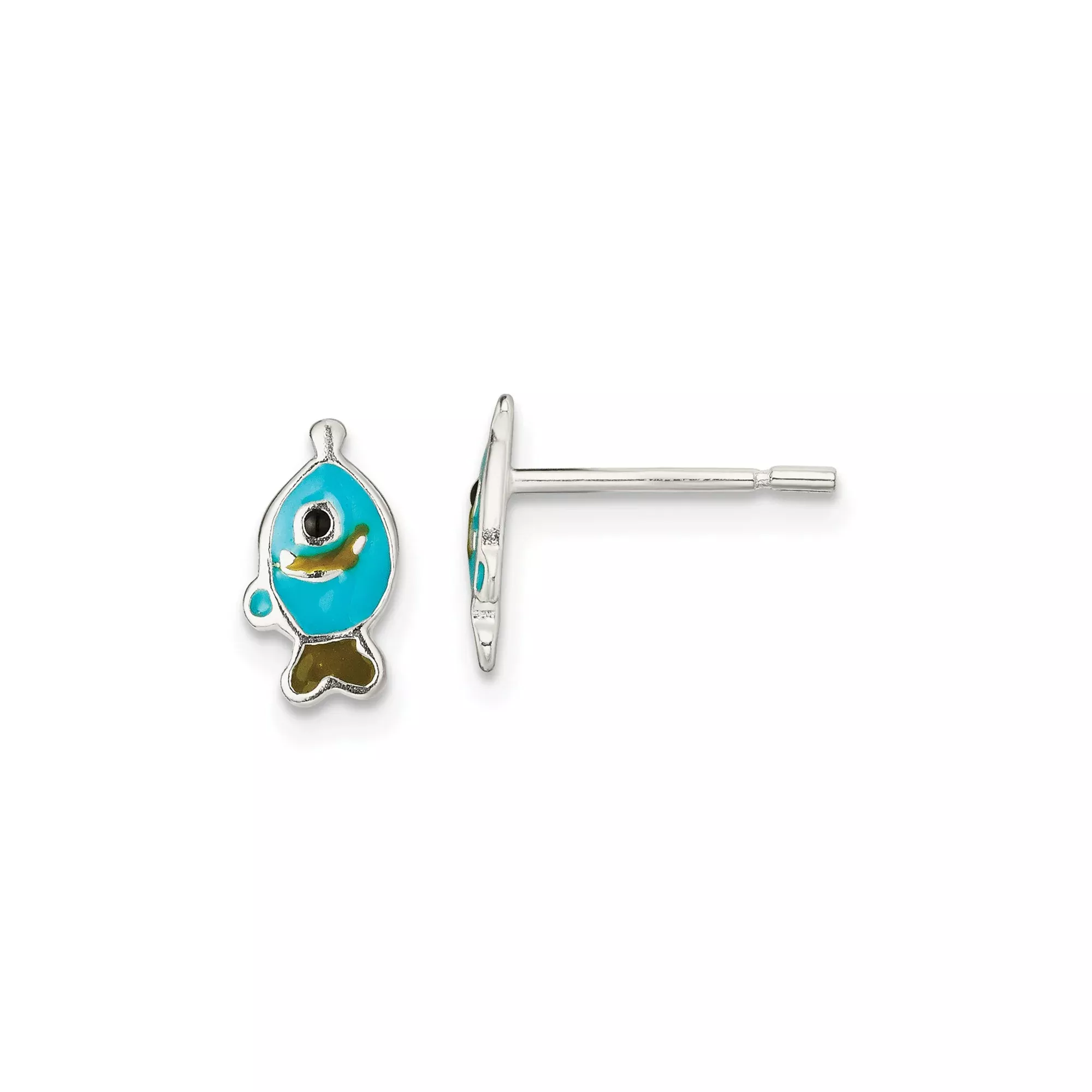 Sterling Silver Fish Stud Earrings with Blue and Green Enamel, Small Animal Design