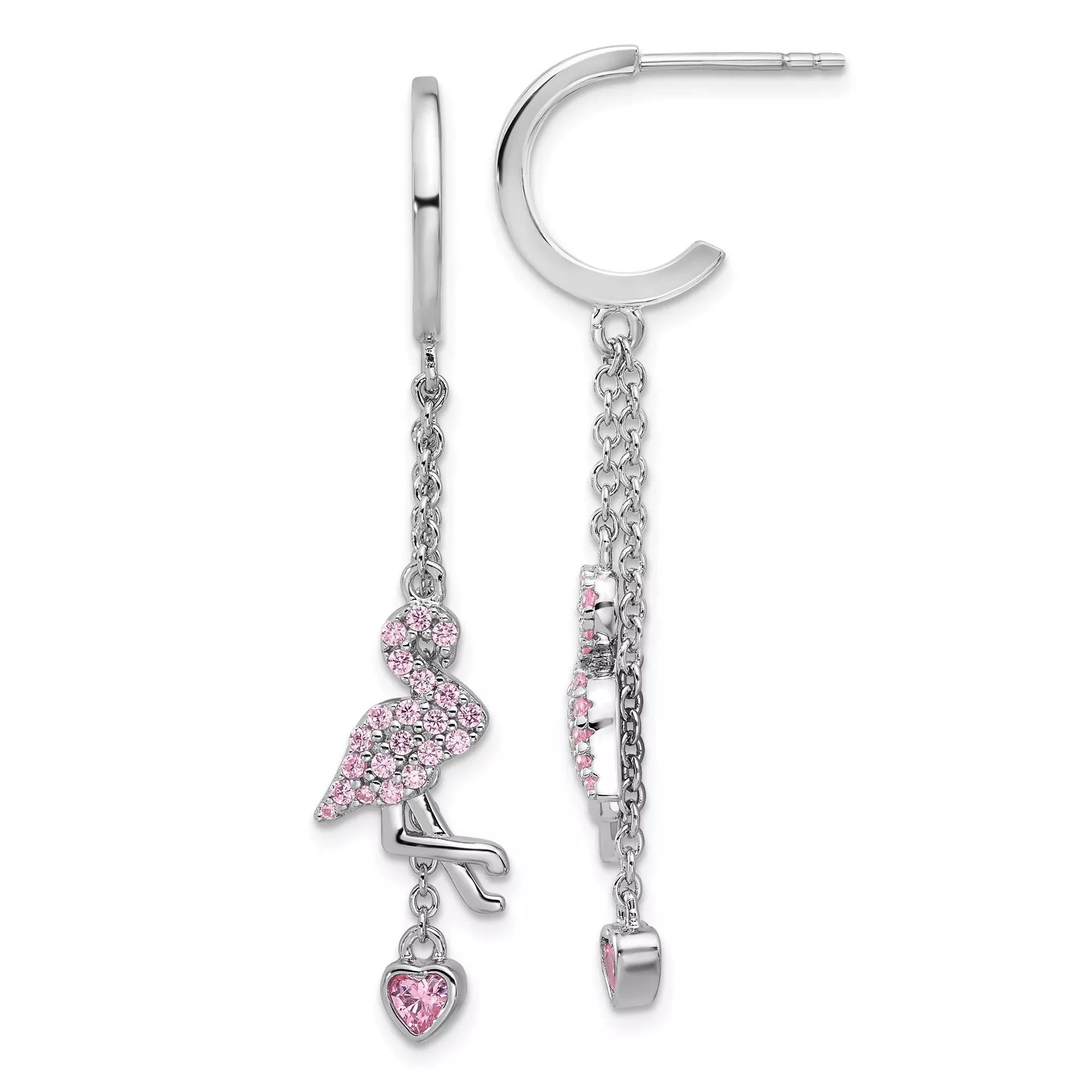 Sterling Silver Flamingo Dangle Earrings with Pink Cubic Zirconia Heart Drops, Animal Charm Design