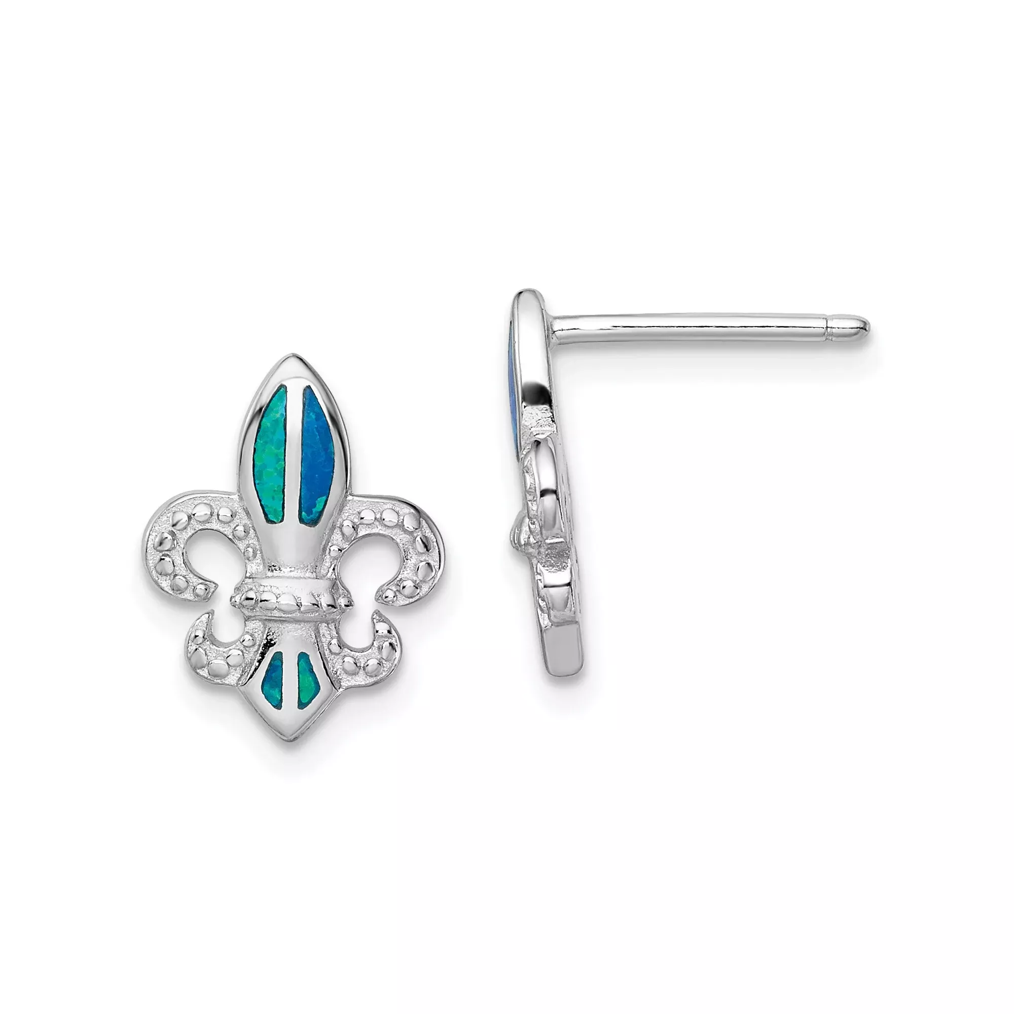 Sterling Silver Fleur-de-Lis Stud Earrings with Blue-Green Created Opal Inlay