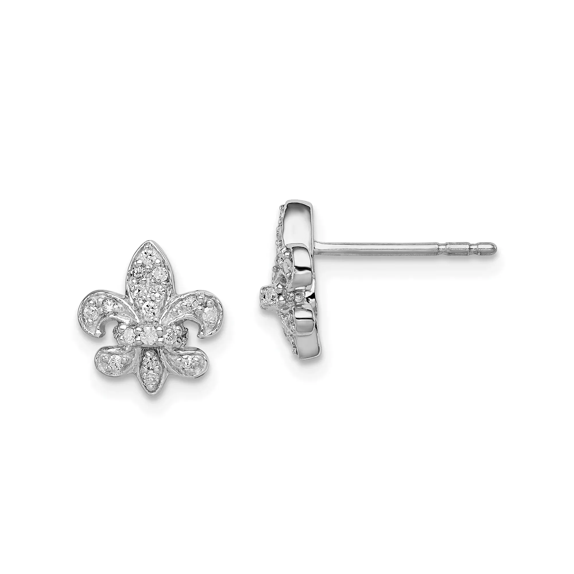 Sterling Silver Fleur-de-Lis Stud Earrings with Diamonds Accents for Women