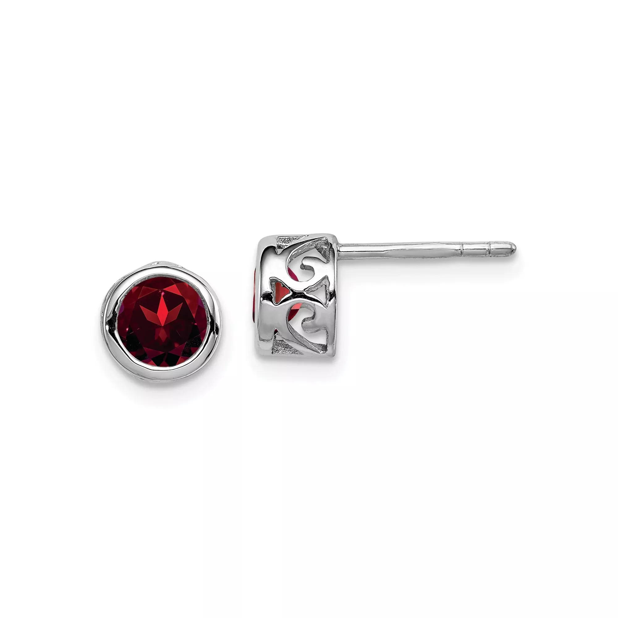 Sterling Silver Fleur-de-Lis Stud Earrings with Round Garnet Center, French Heritage Design