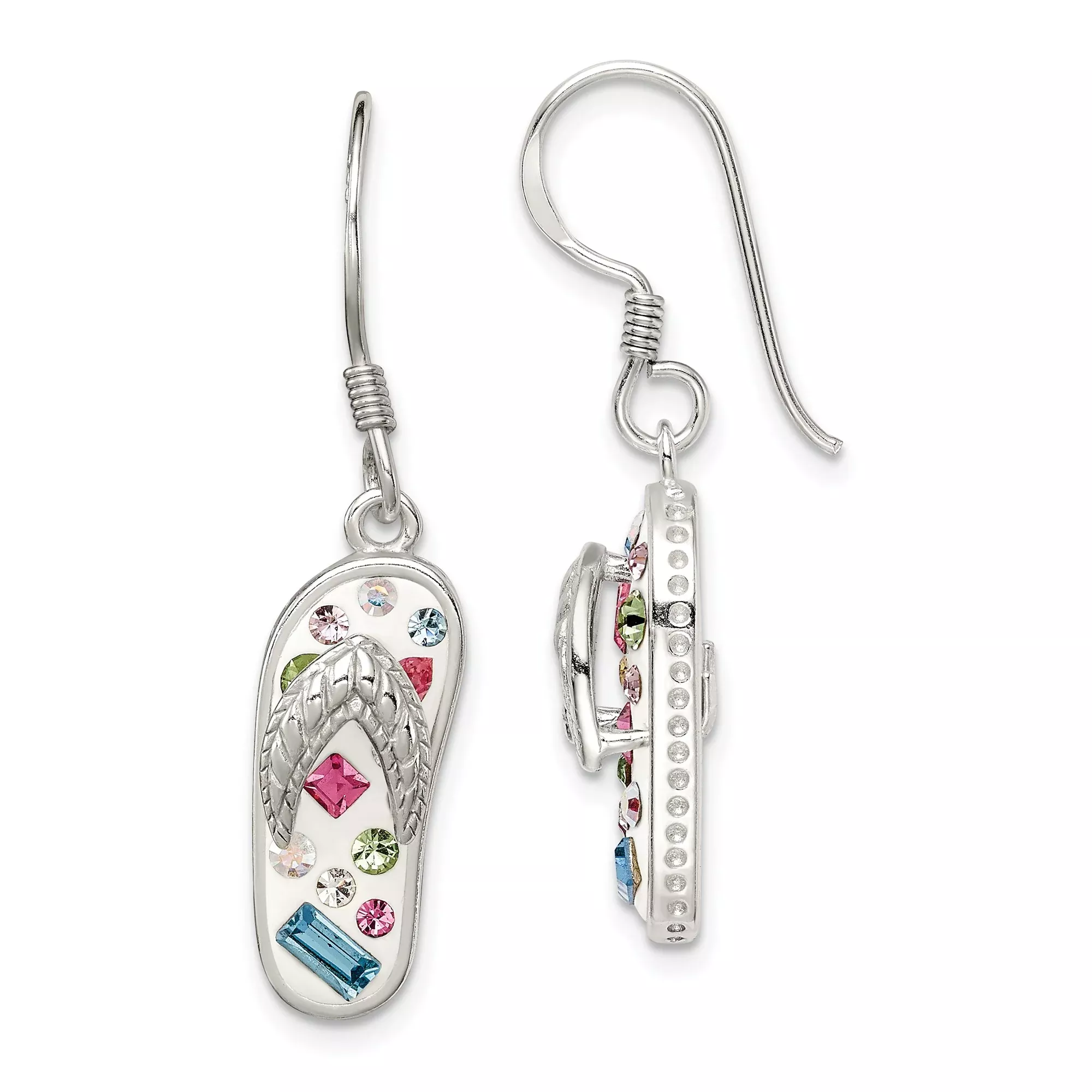 Sterling Silver Flip-Flop Dangle Earrings with Colorful Crystal Accents, Beach Sandal Design
