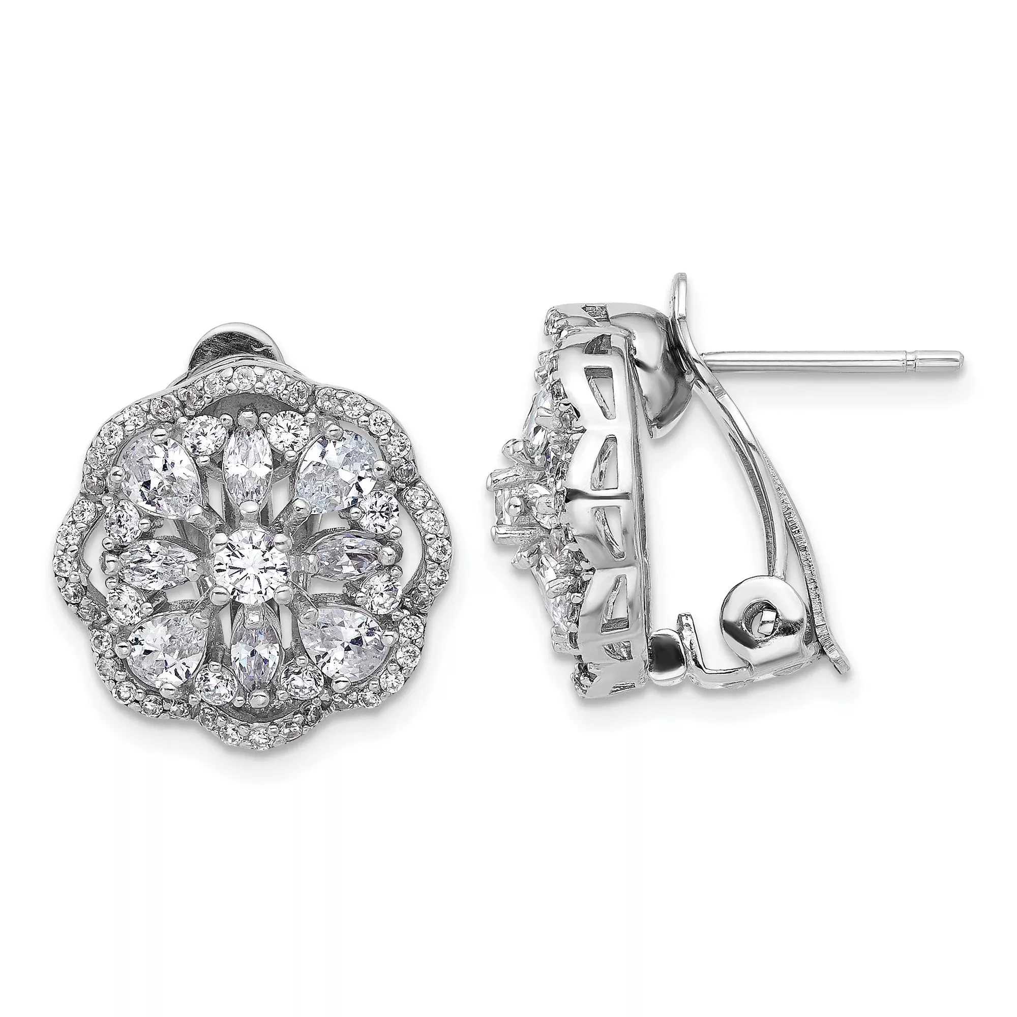Sterling Silver Floral Cluster Stud Earrings with Cubic Zirconia for Women