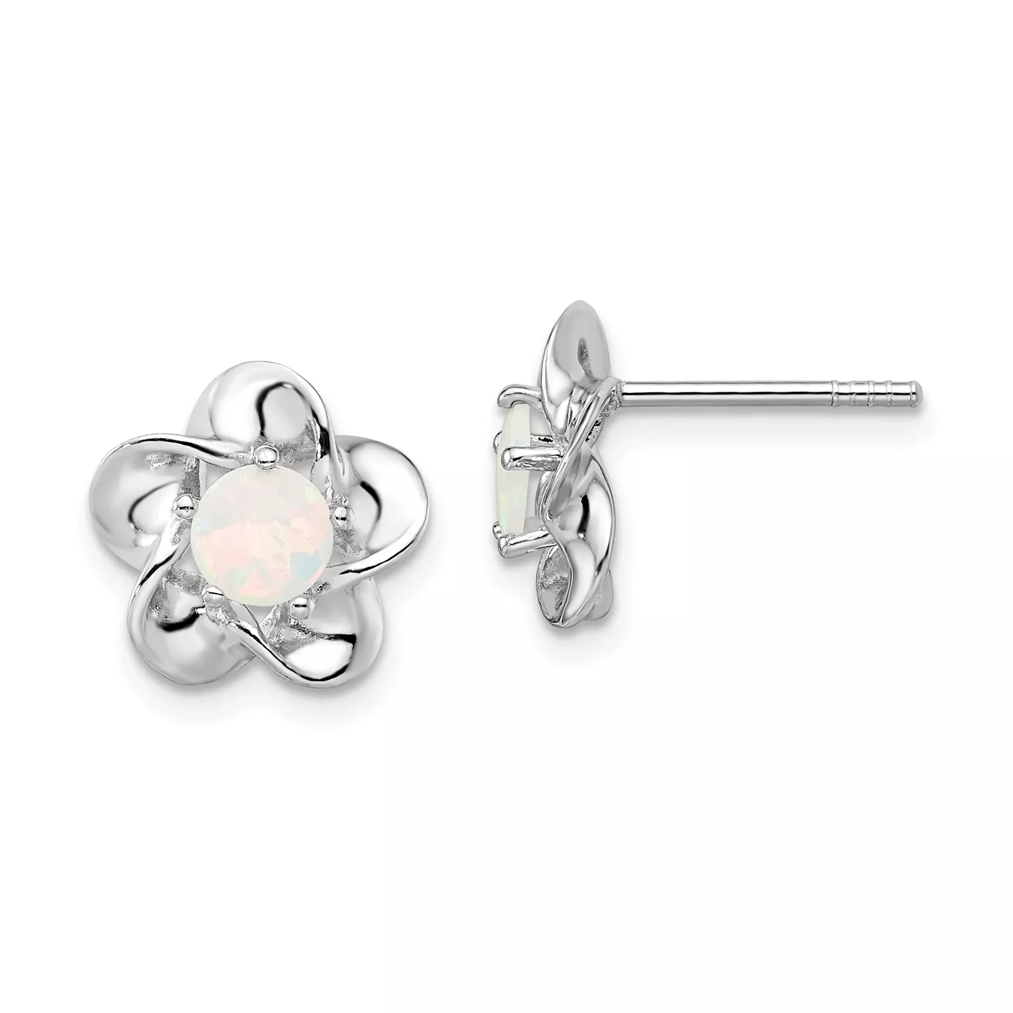 Sterling Silver Flower Stud Earrings with Created Opal Center and Polished Petal Design