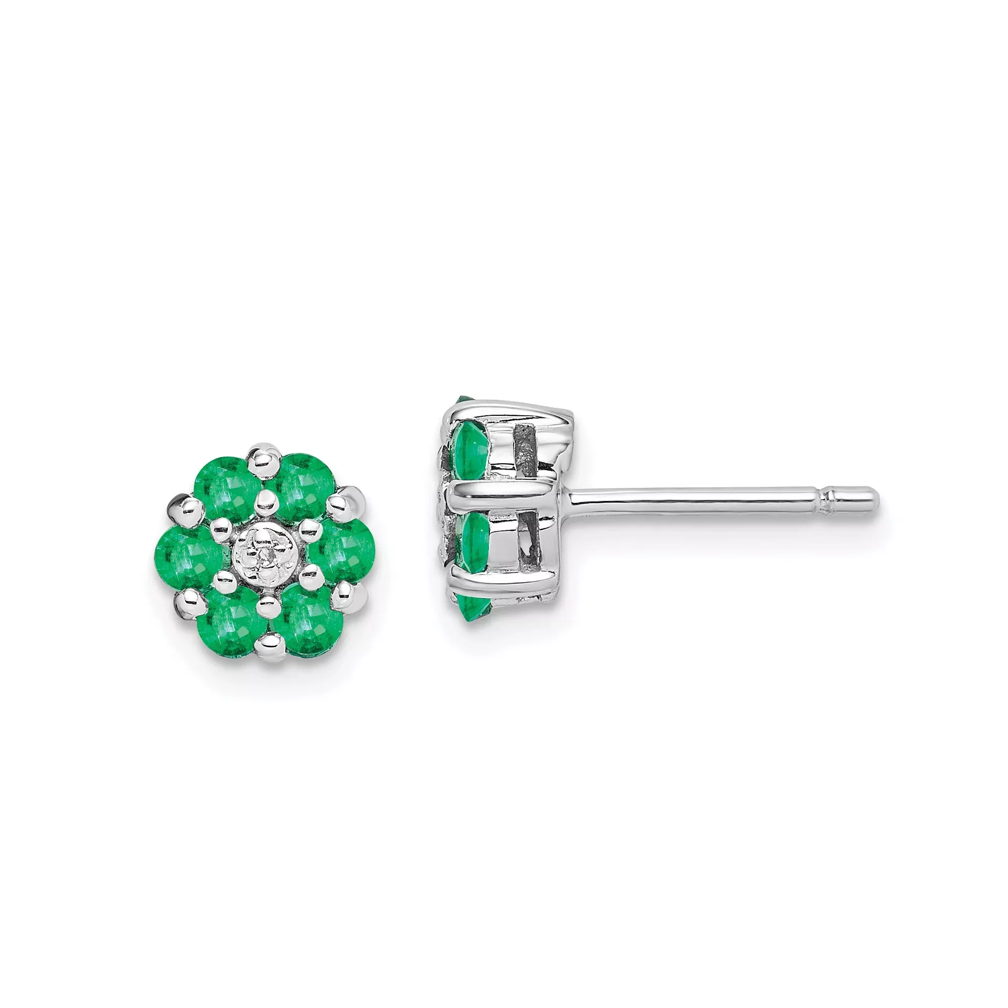Sterling Silver Flower Stud Earrings with Emerald and Diamond, Nature-Inspired Floral Design