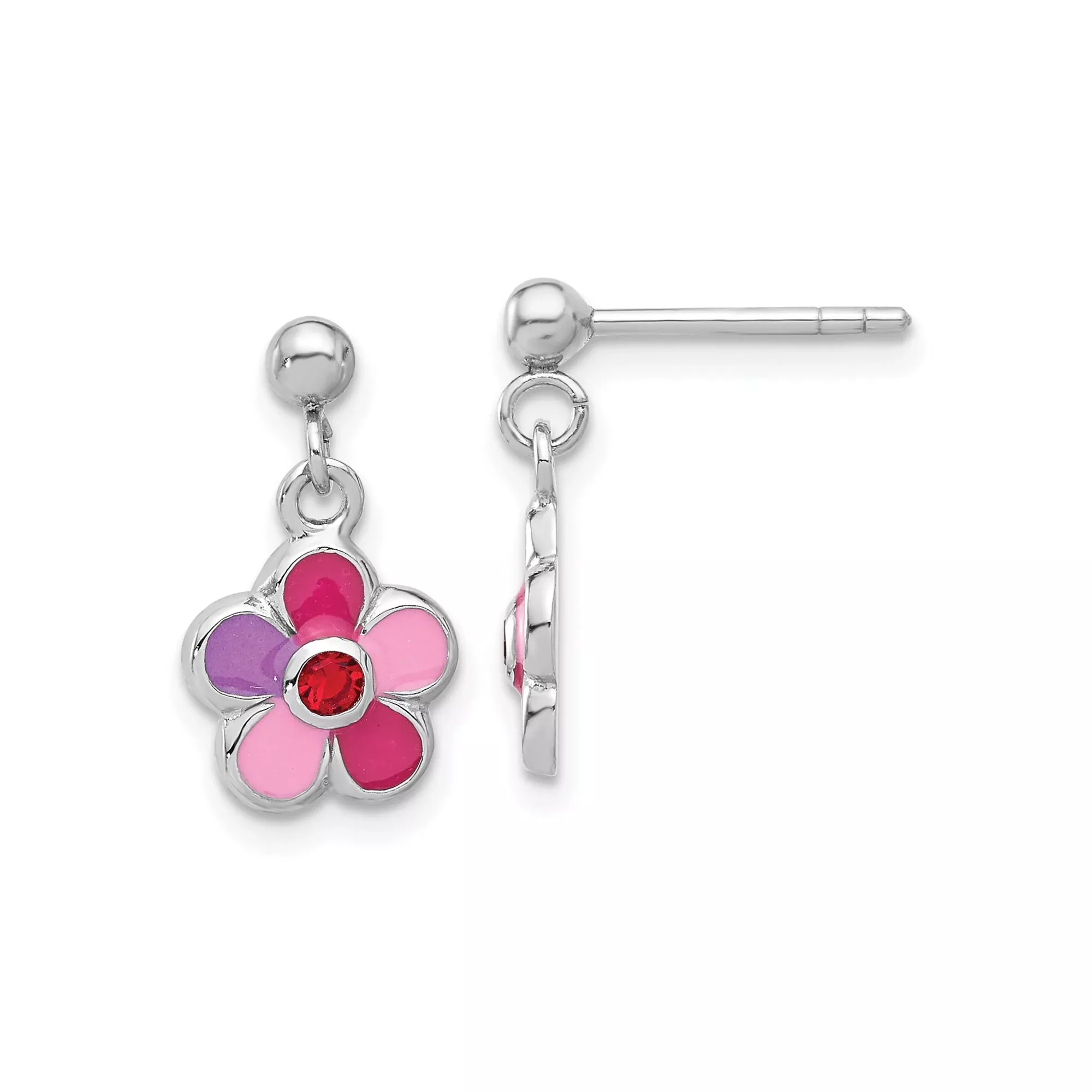 Sterling Silver Flower Stud Earrings with Red Crystal and Enamel Petals