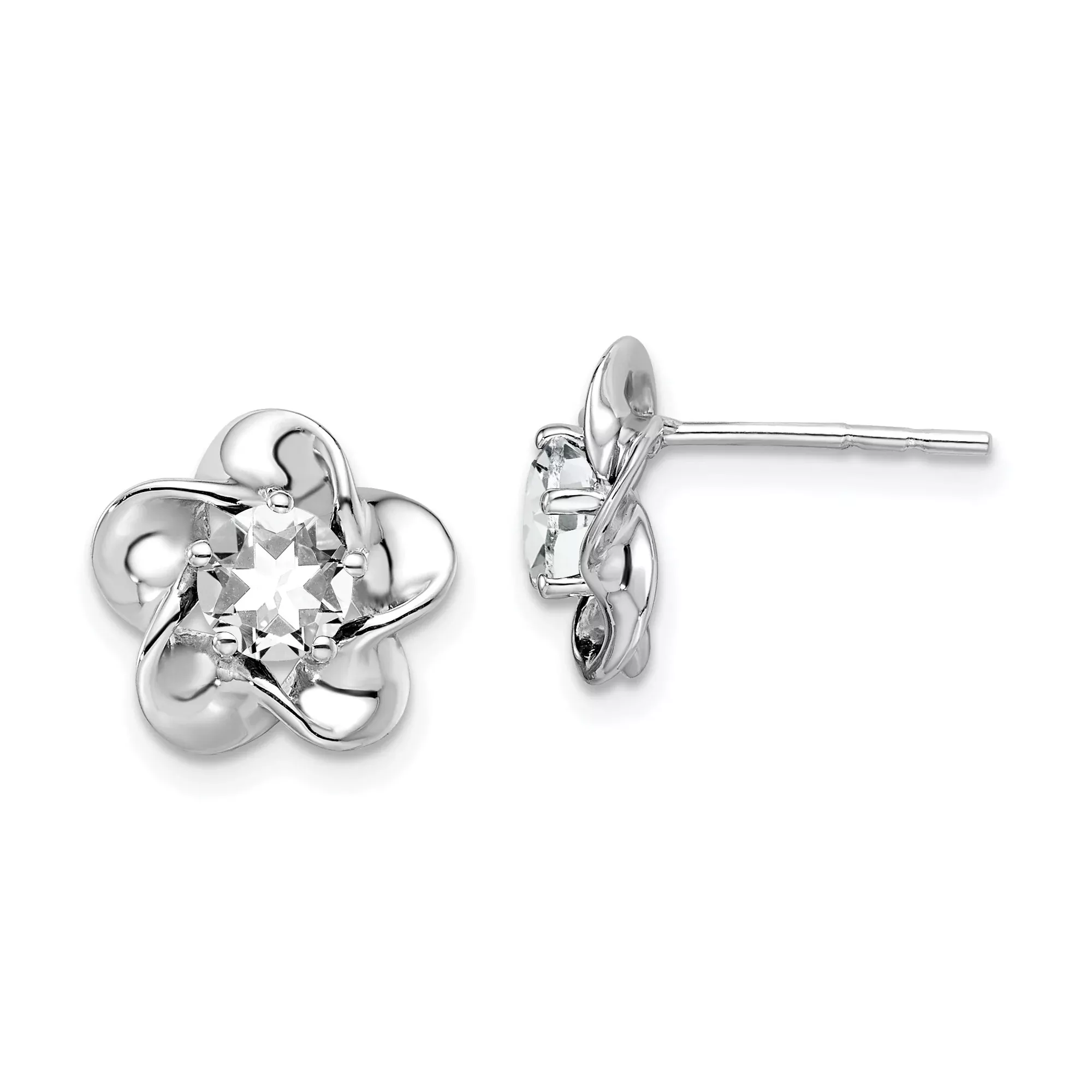 Sterling Silver Flower Stud Earrings with White Topaz, Polished Floral Loop Design