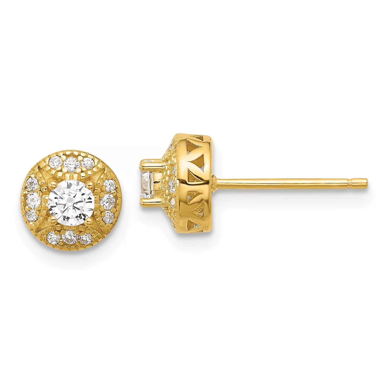 Sterling Silver Gold-tone Textured Round CZ Cluster Post Earrings