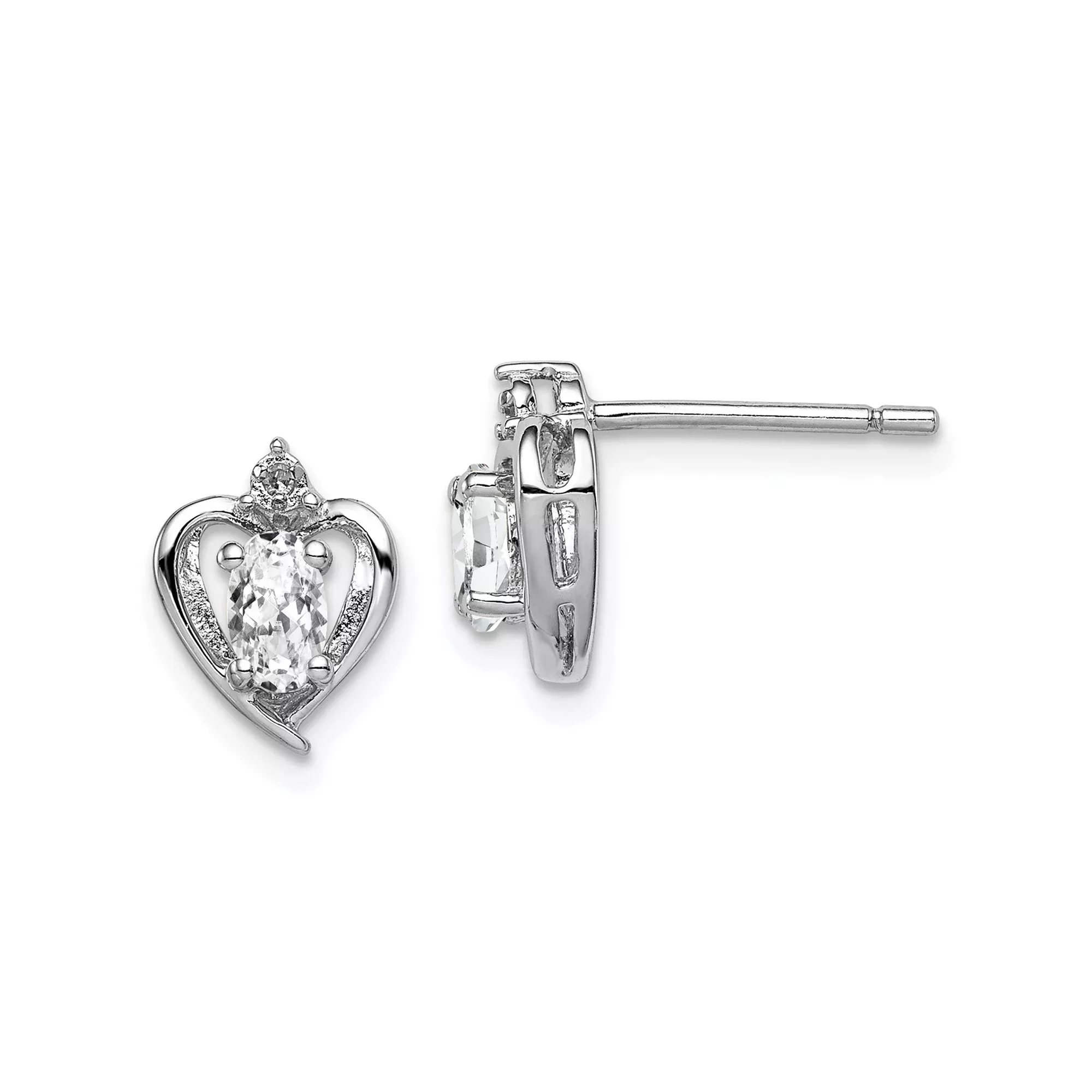 Sterling Silver Heart Shaped Stud Earrings with Oval White Topaz and Diamond Accent